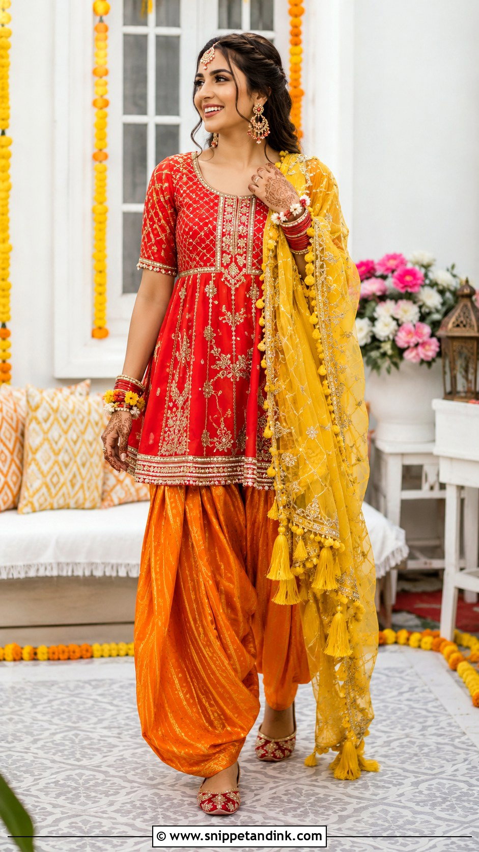 Red And Orange Dhaka Pajama Dholki Dress - Snippet and Ink - 20 Dholki Dress for Bride Ideas