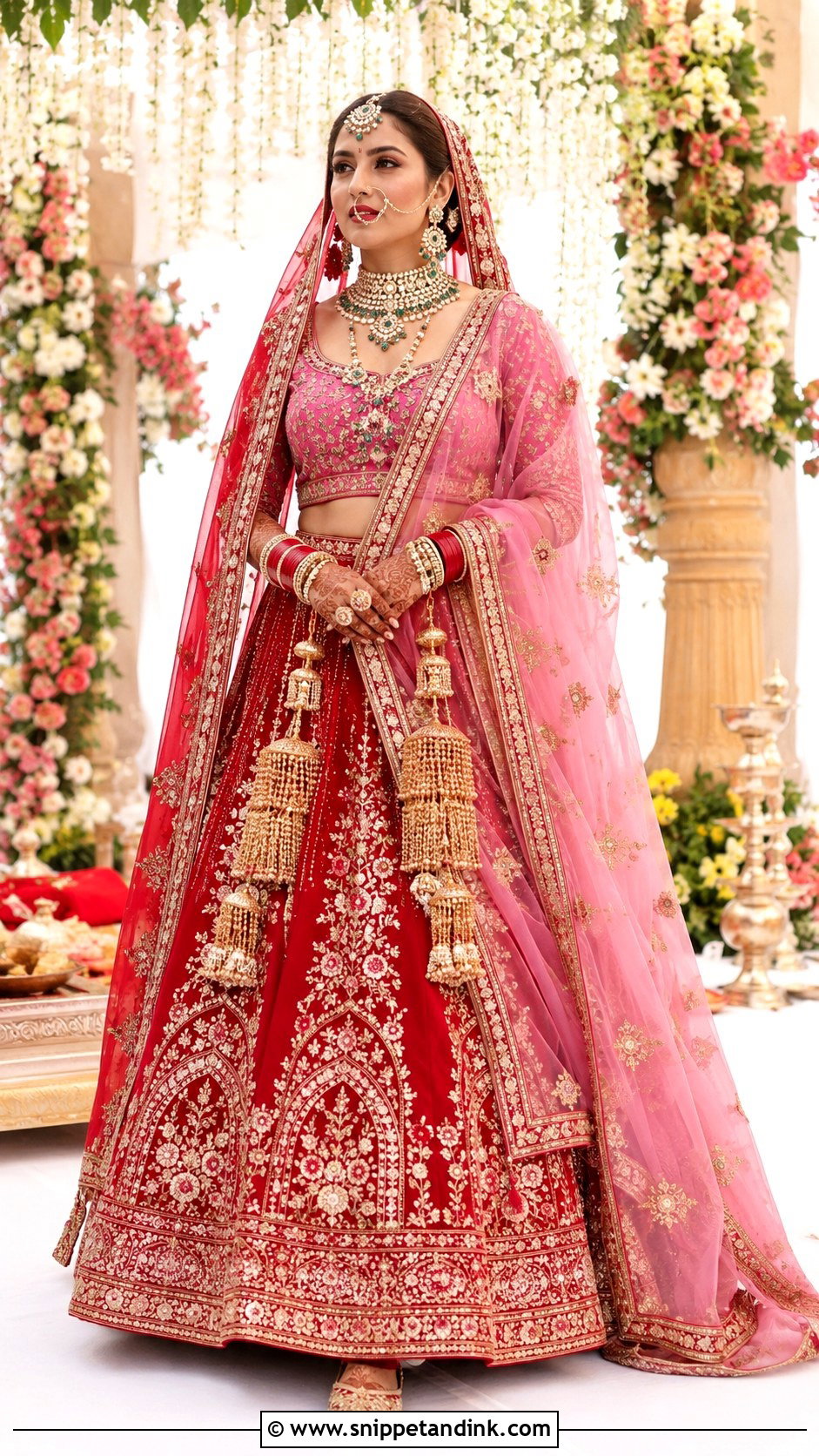 Red And Pink Bridal Lehenga With Double Dupatta - Snippet and Ink - 25 Indian Weddings Bridal Lehnga Dress Ideas