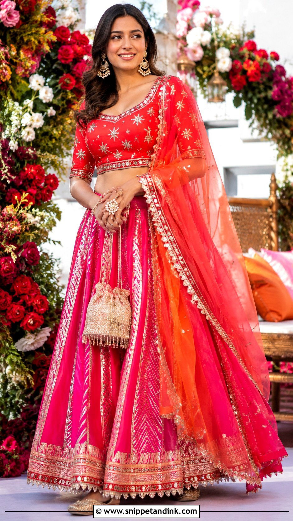 Red And Pink Gota Patti Lehenga For Mehndi Night - Snippet and Ink - 20 Mehndi Night Outfit Ideas