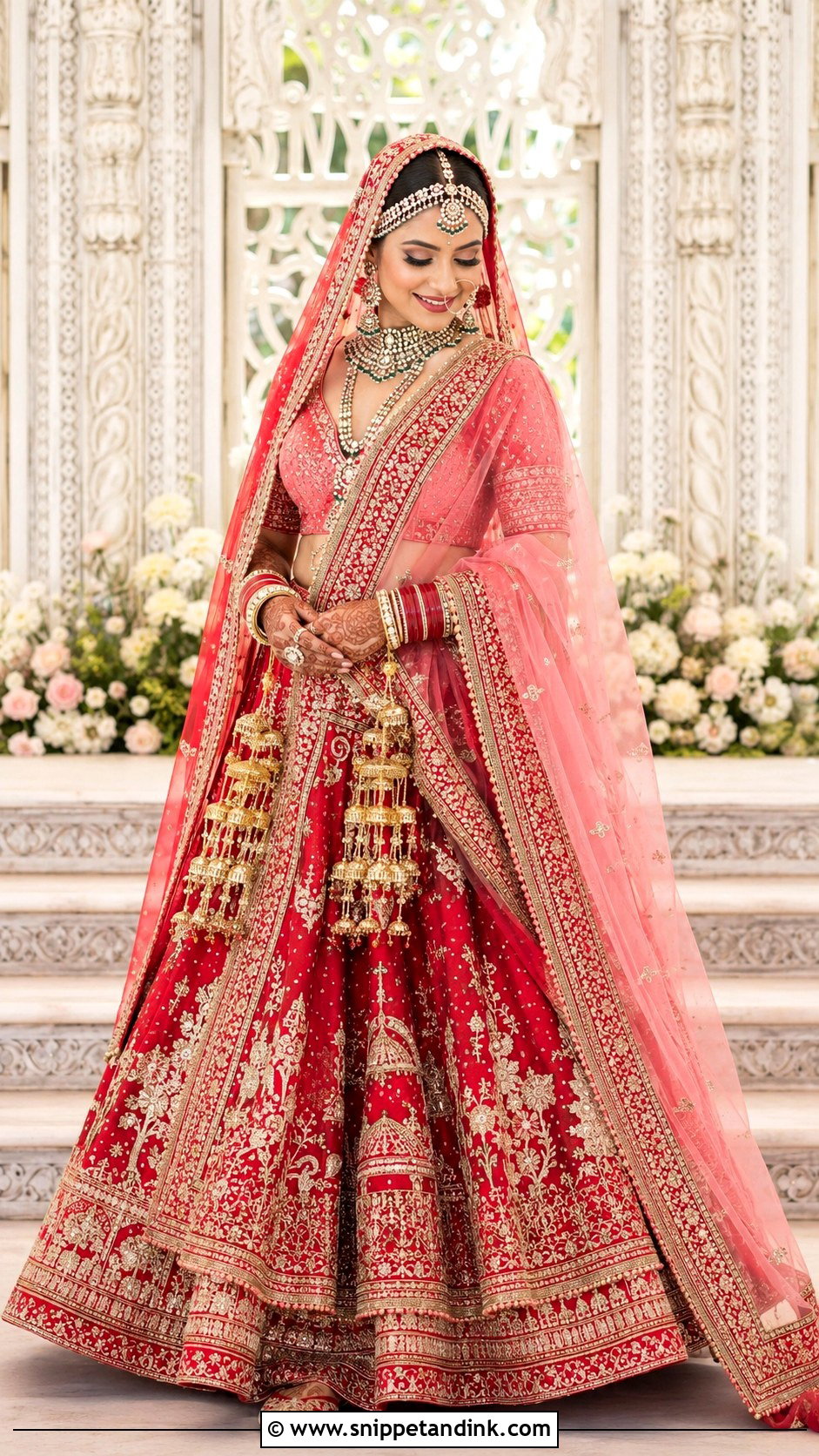 Red And Pink Punjabi Wedding Lengha With Double Dupatta - Snippet and Ink - 25 Punjabi Wedding Lengha Ideas