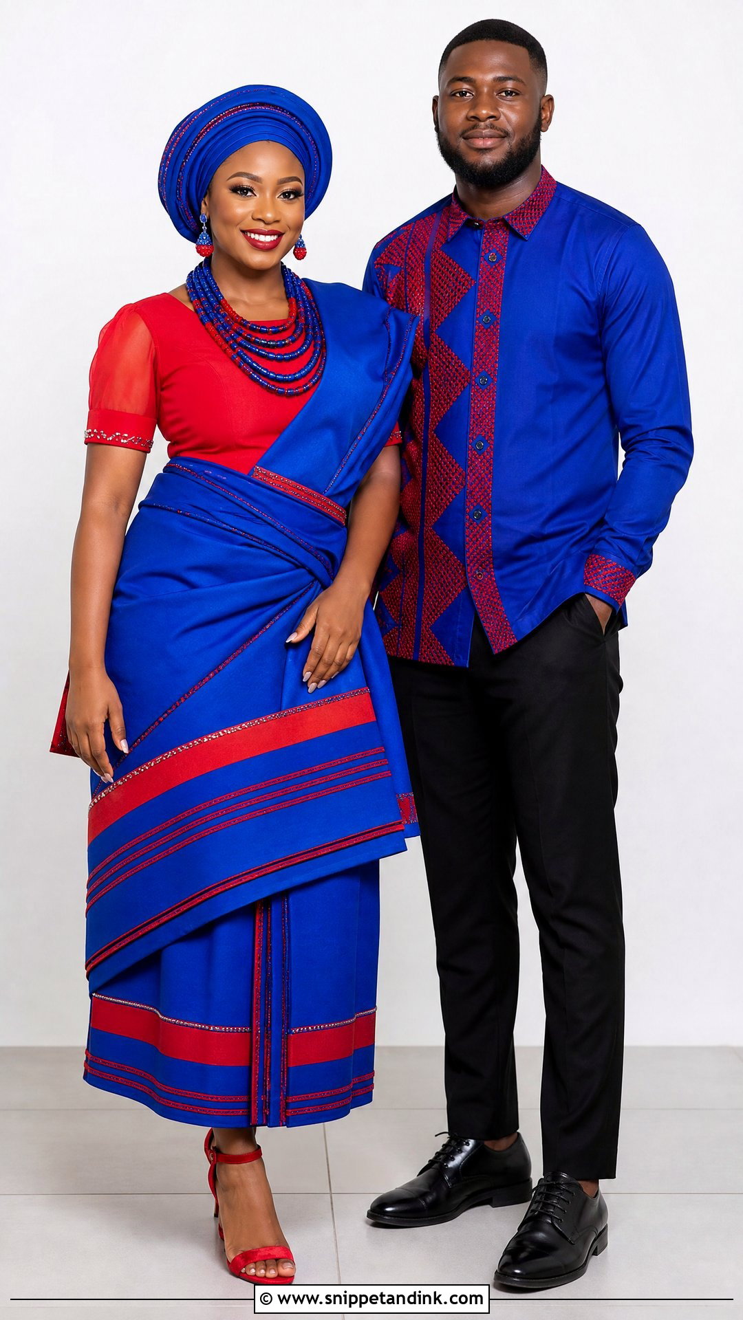 Red And Royal Blue Tsonga Couple Attire - Snippet and Ink - 20 Tsonga Traditional Attire for Couples Ideas