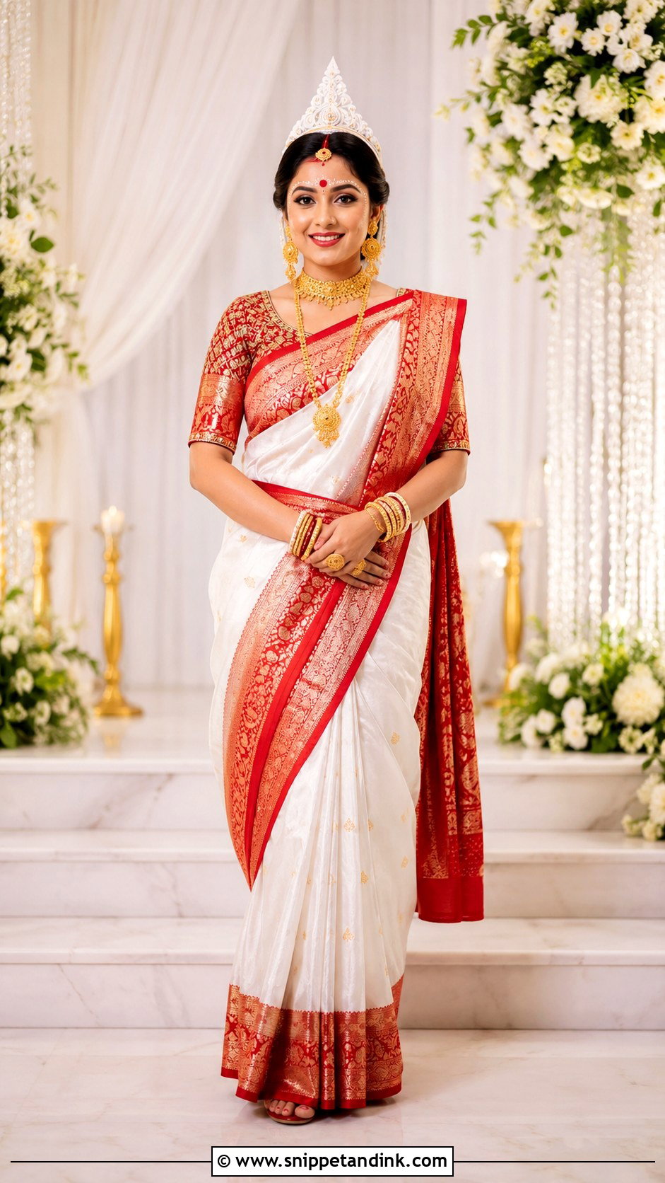 Red And White Bengali Bridal Saree - Snippet and Ink - 20 South Asian Wedding Dress Ideas
