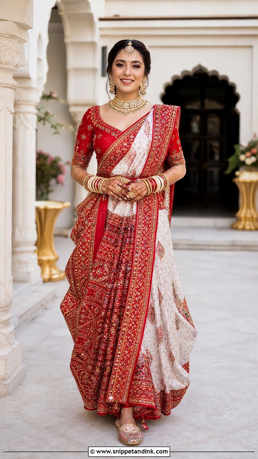 Red And White Gujarati Panetar Bridal Outfit - Snippet and Ink - 20 Indian Bride Wedding Dress Ideas