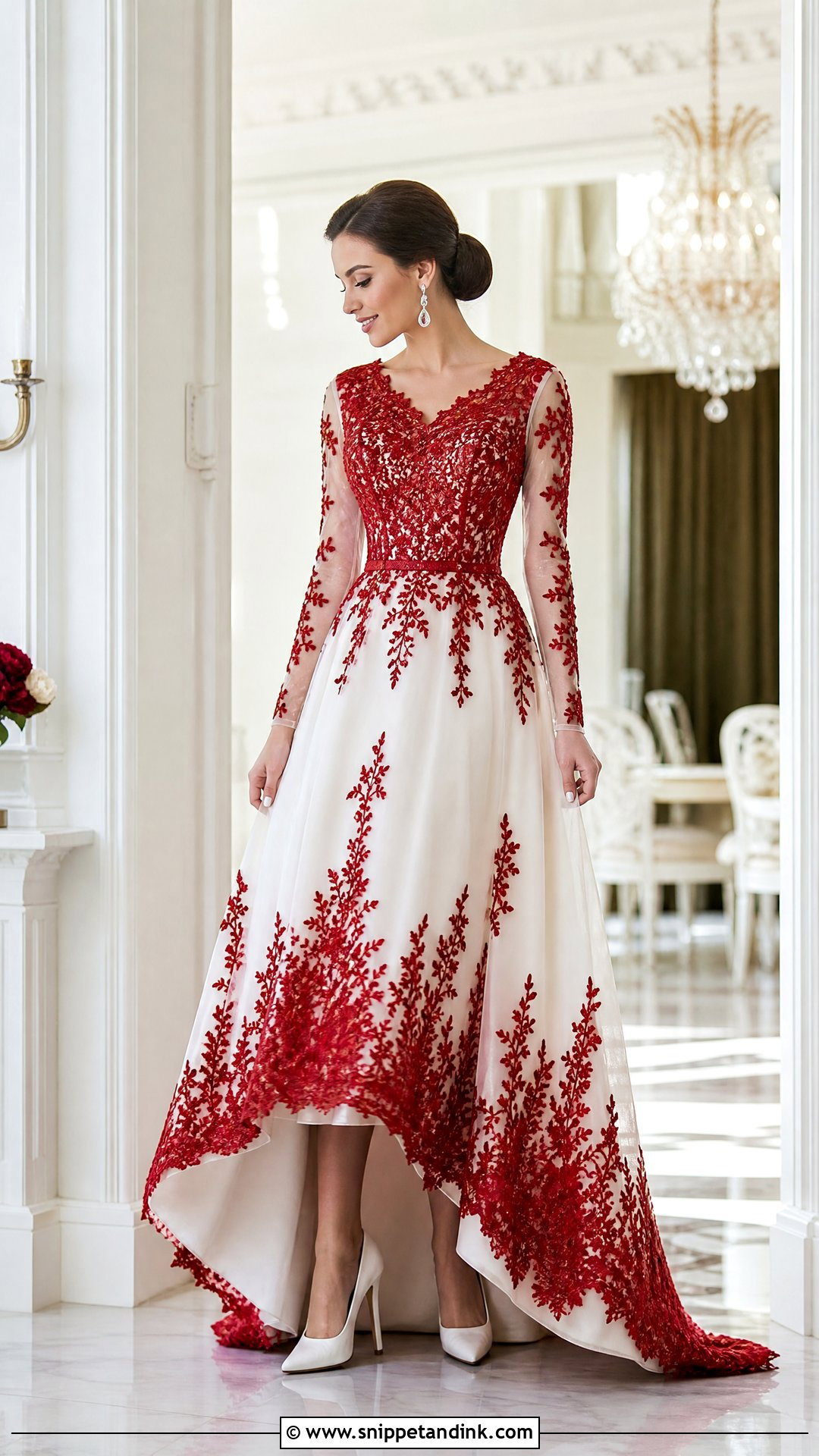 Red And White Long Sleeve Wedding Dress - Snippet and Ink - 25 Red and White Wedding Dress Ideas