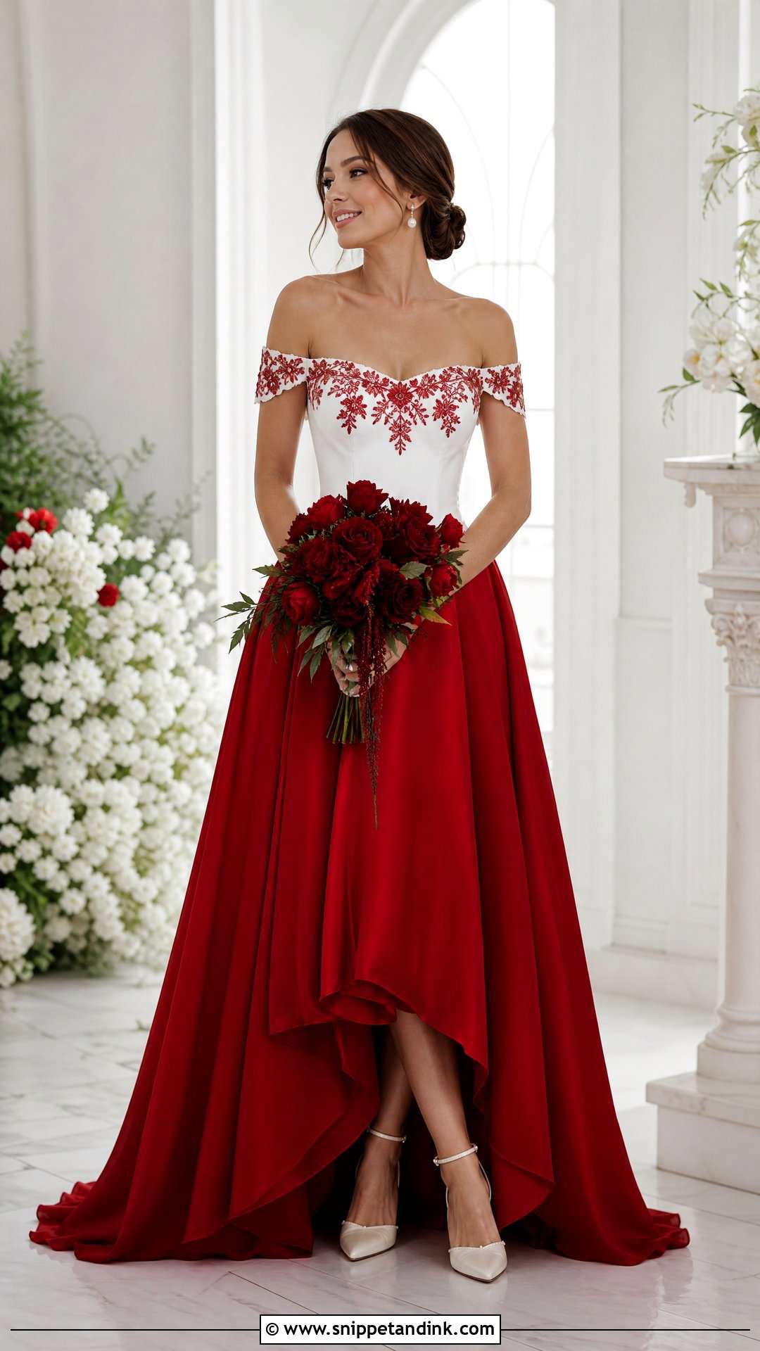 Red And White Off Shoulder Wedding Dress - Snippet and Ink - 25 Red and White Wedding Dress Ideas