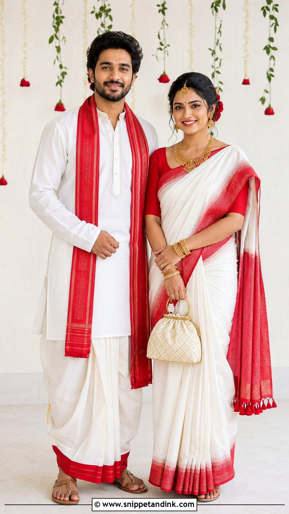 Red And White Saree And Dhoti Kurta Couple Outfit - Snippet and Ink - 20 Desi Couple Outfits