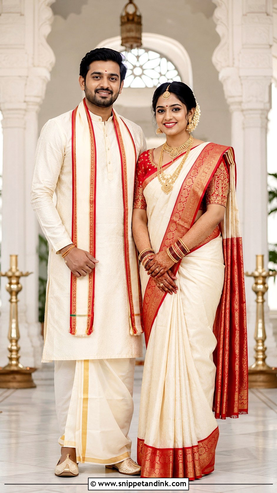 Red And White Saree With Ivory Dhoti Kurta - Snippet and Ink - 20 Indian Wedding Couple Outfits