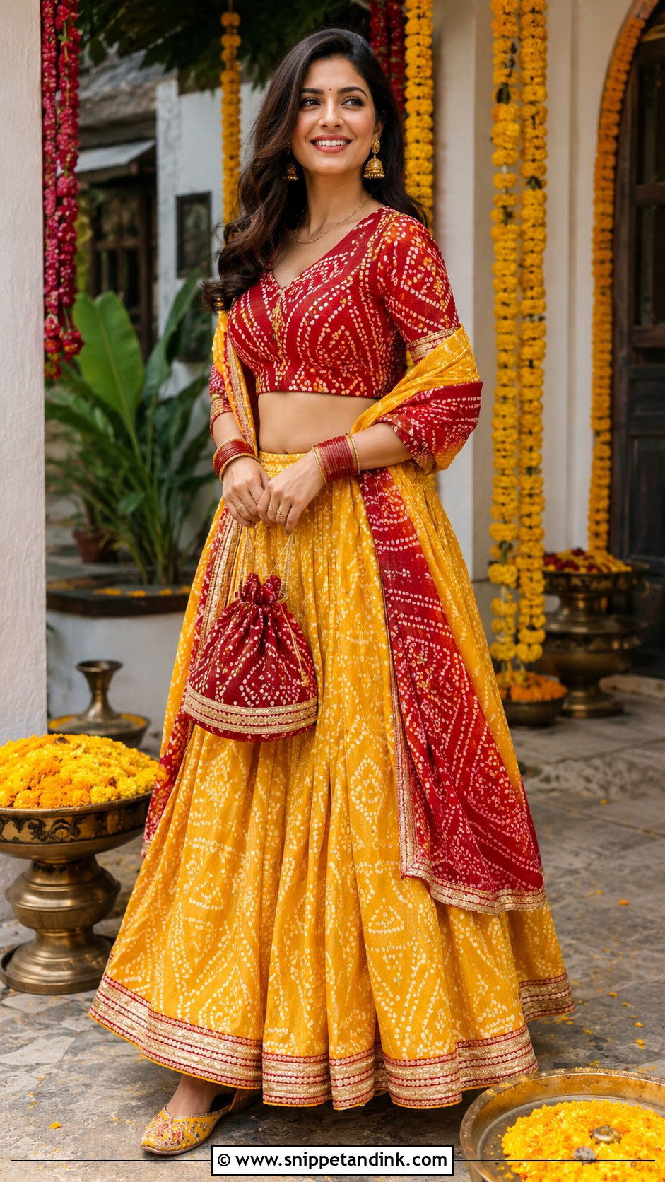 Red And Yellow Bandhani Lehenga Haldi Outfit - Snippet and Ink - 20 Colourful Haldi Outfit Ideas
