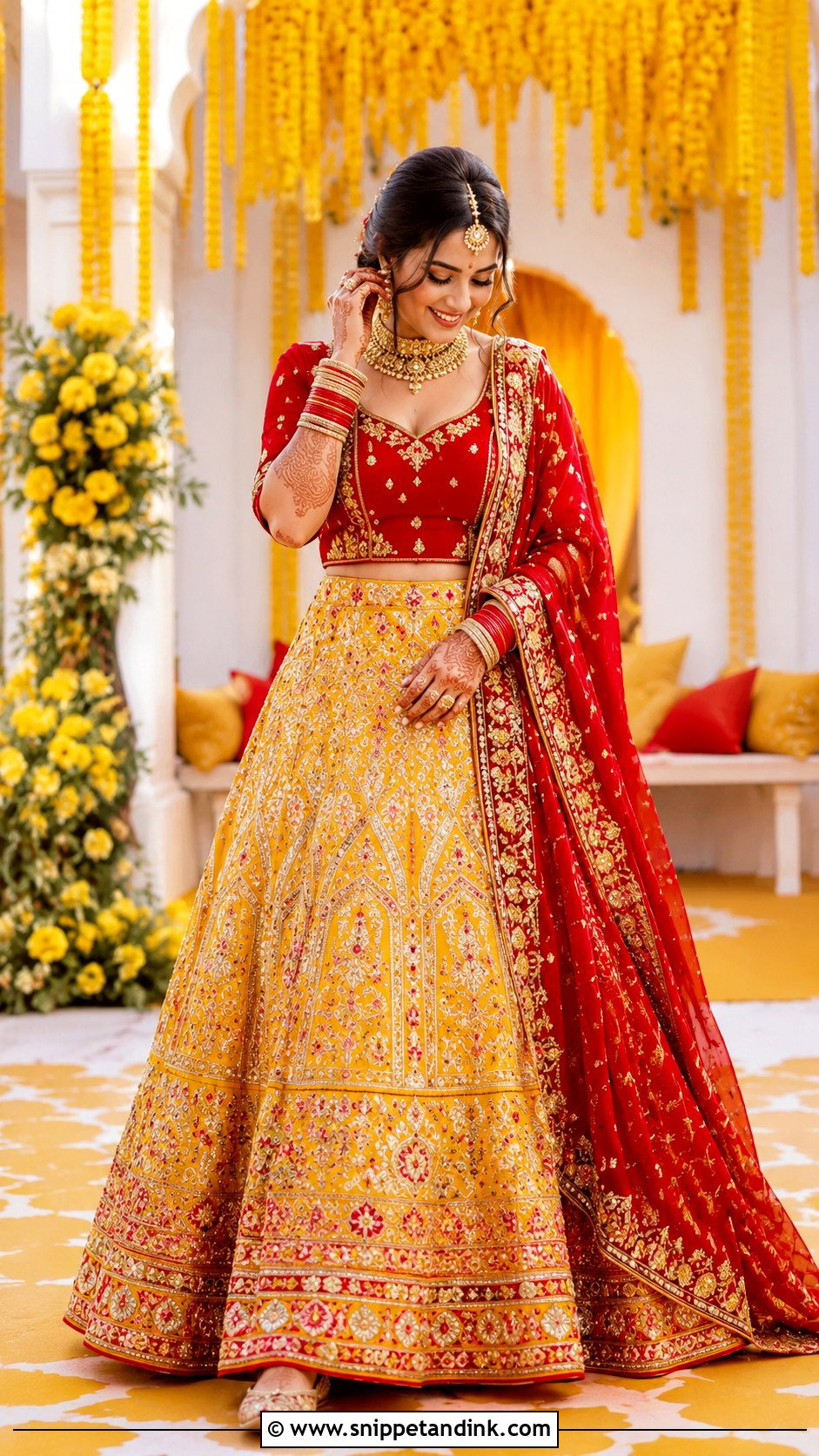 Red And Yellow Bridal Mehndi Lehenga - Snippet and Ink - 30 Bridal Mehndi Dresses Ideas
