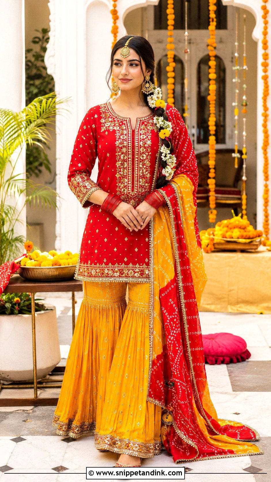 Red And Yellow Bride Mehandi Gharara - Snippet and Ink - 20 Bride Mehandi Outfit Ideas