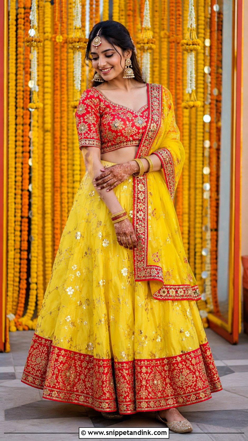Red And Yellow Lehenga For Mehndi Function - Snippet and Ink - 25 Mehndi Function Dress Ideas