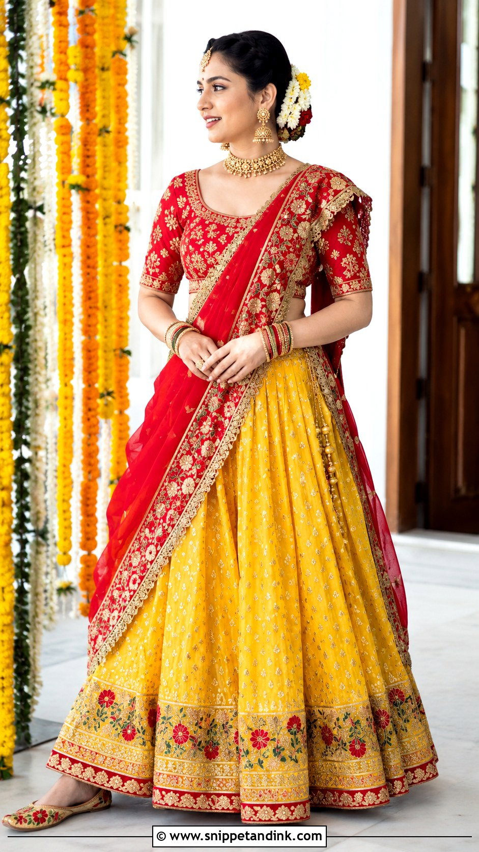 Red And Yellow Lehenga Mata Poojan Look - Snippet and Ink - 20 Mata Poojan Look for Bride Ideas