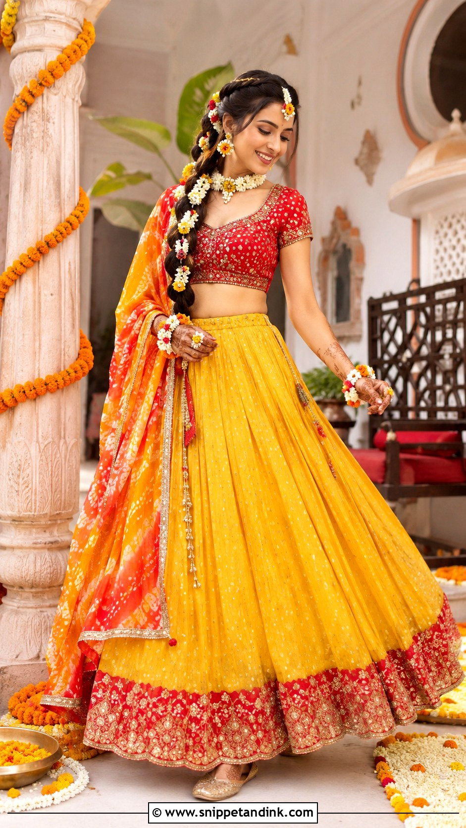 Red And Yellow Lehenga Mehandi Outfit - Snippet and Ink - 20 Mehandi Outfits for Bride