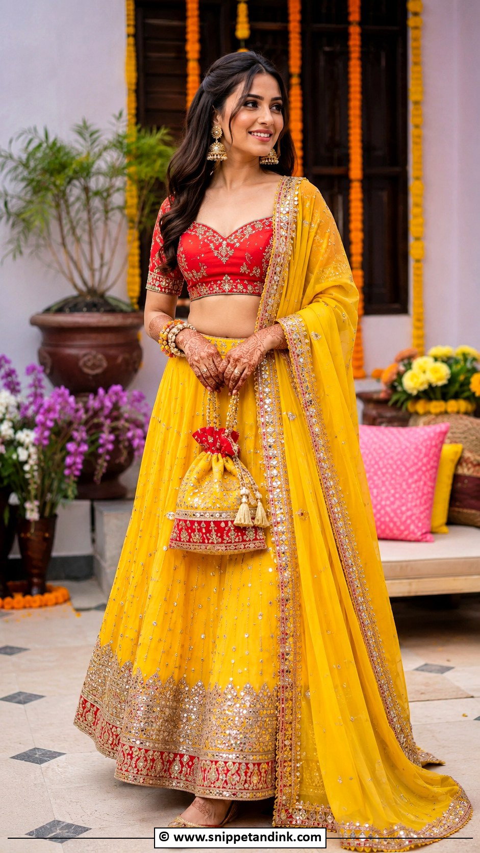 Red And Yellow Mehandi Lehenga Outfit - Snippet and Ink - 30 Mehandi Outfits