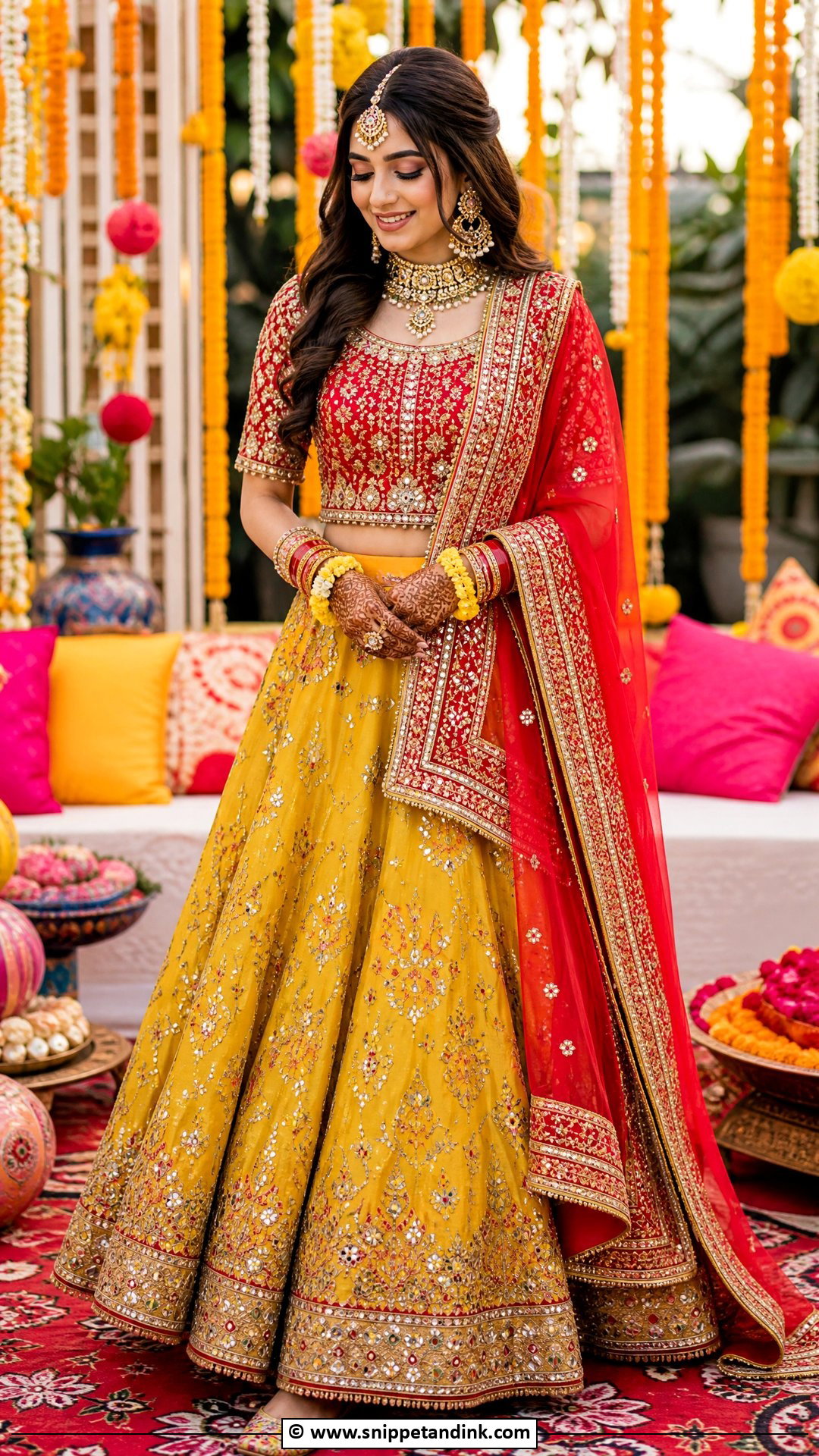 Red And Yellow Mehndi Dress For Bride - Snippet and Ink - 35 Mehndi Dress for Bride Ideas