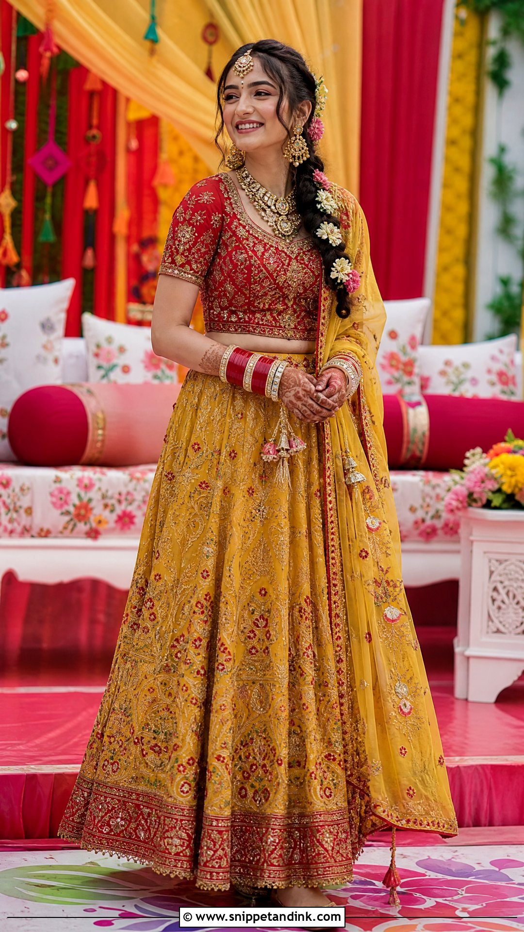 Red And Yellow Mehndi Lehenga Outfit - Snippet and Ink - 25 Mehndi Outfits for Bride