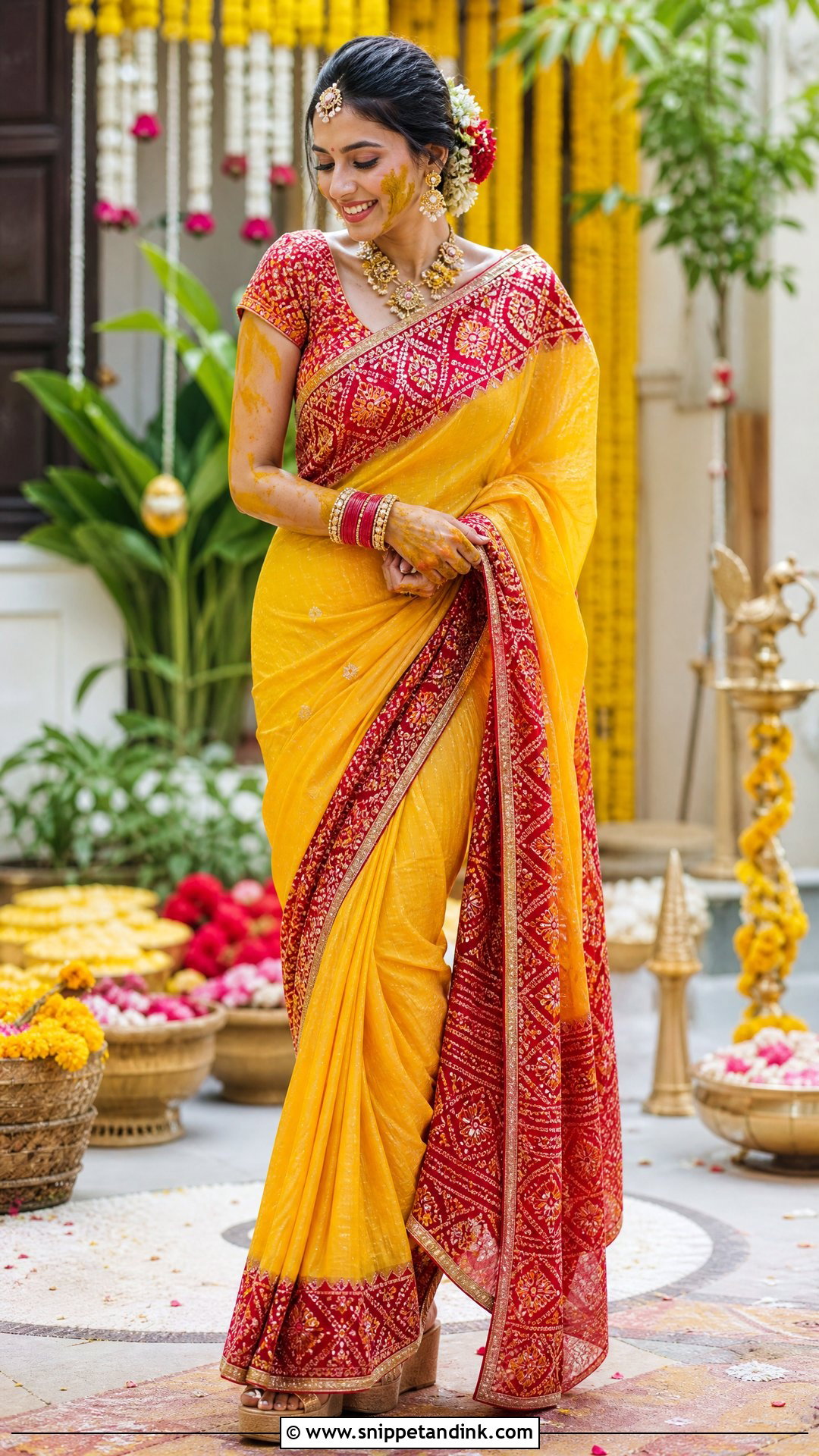 Red And Yellow Pithi Saree For Bride - Snippet and Ink - 25 Pithi Outfit Brides Ideas