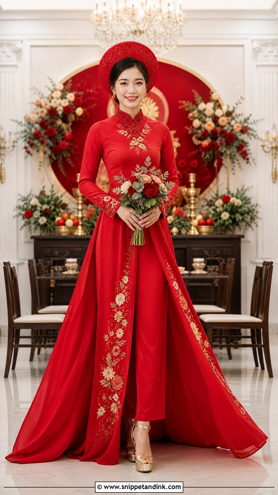 Red Ao Dai With Detachable Overskirt - Snippet and Ink - 20 Red Ao Dai Wedding Ideas