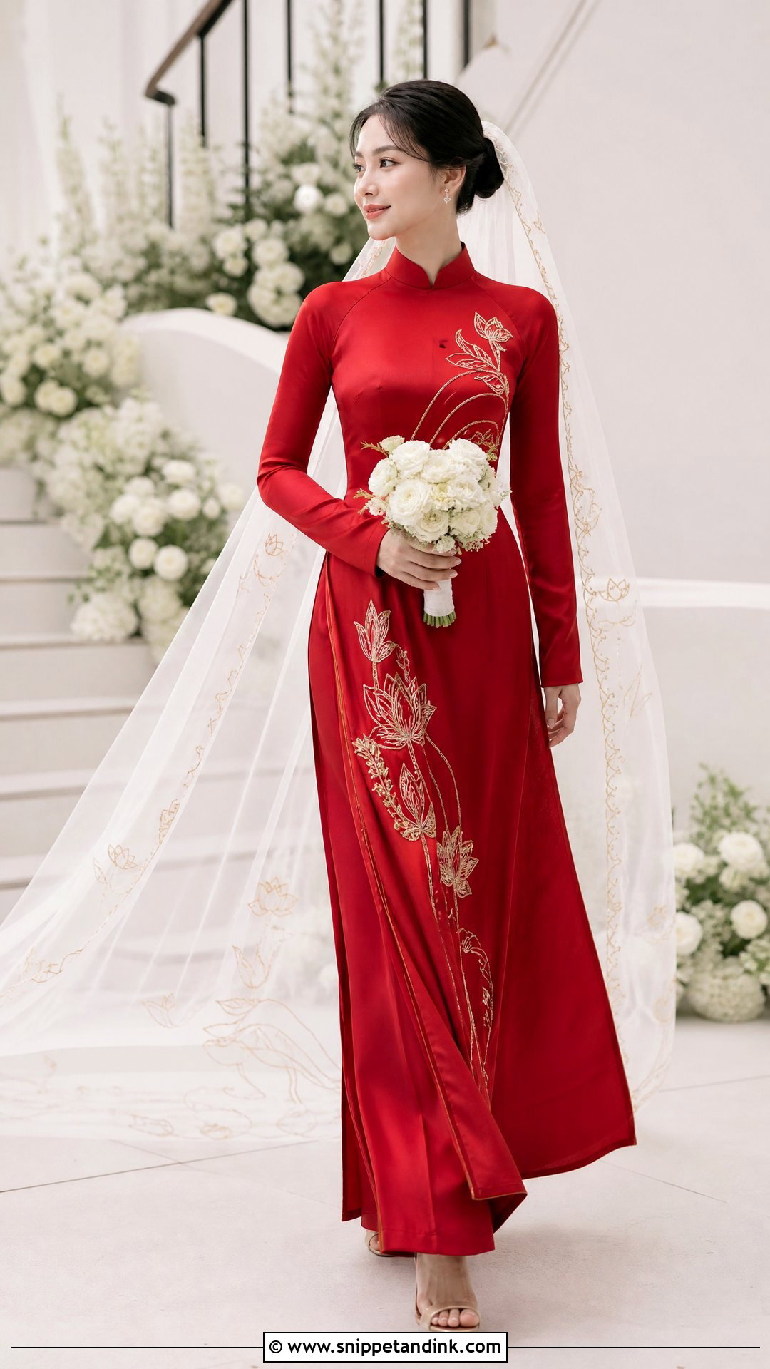 Red Ao Dai With Embroidered Bridal Veil - Snippet and Ink - 20 Red Ao Dai Wedding Ideas