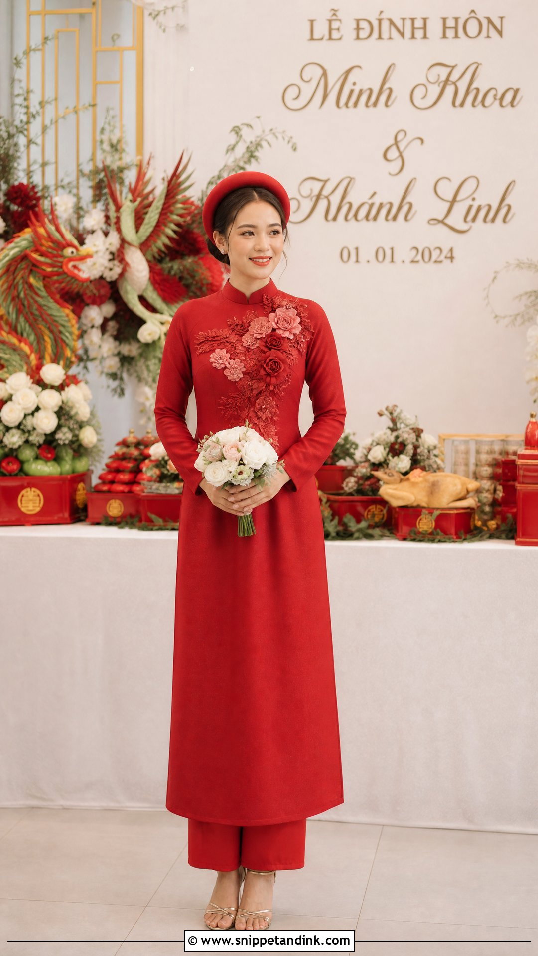 Red Ao Dai With Floral Applique - Snippet and Ink - 20 Red Ao Dai Wedding Ideas