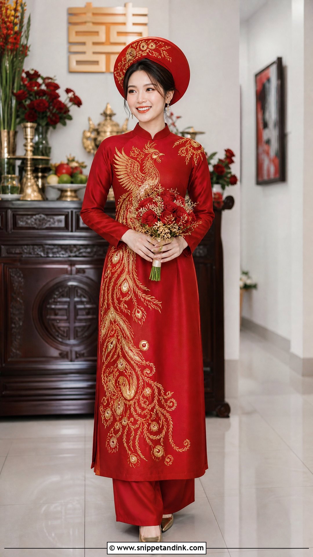 Red Ao Dai With Gold Phoenix Embroidery - Snippet and Ink - 20 Red Ao Dai Wedding Ideas