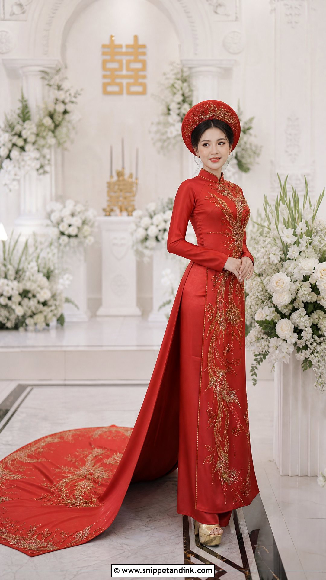 Red Ao Dai With Long Bridal Train - Snippet and Ink - 20 Red Ao Dai Wedding Ideas