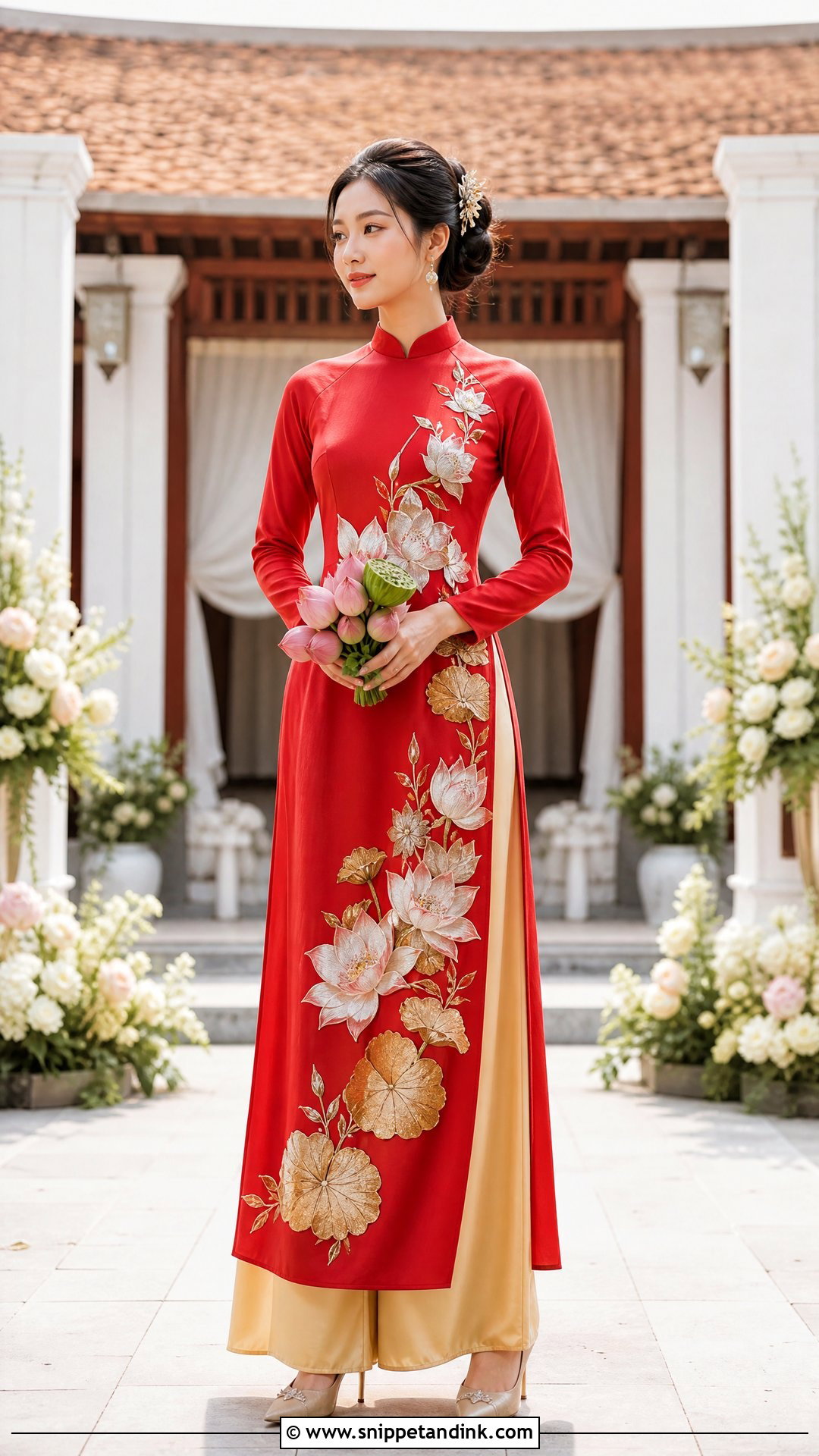 Red Ao Dai With Lotus Embroidery - Snippet and Ink - 20 Red Ao Dai Wedding Ideas