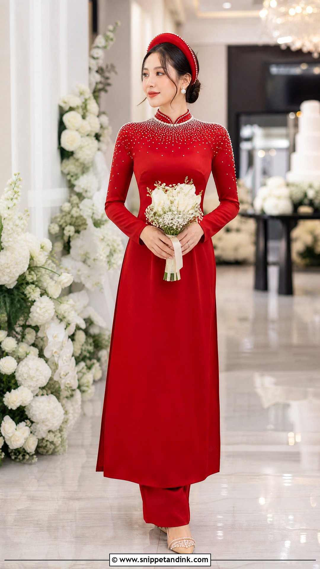Red Ao Dai With Pearl Beading - Snippet and Ink - 20 Red Ao Dai Wedding Ideas