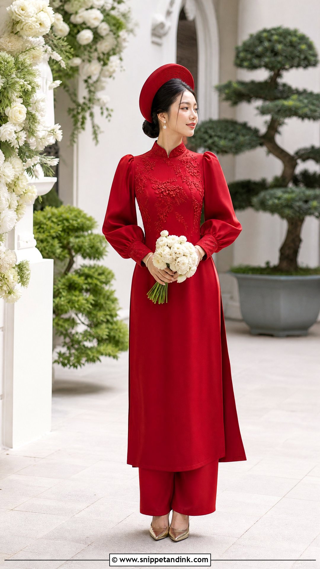 Red Ao Dai With Puff Sleeves - Snippet and Ink - 20 Red Ao Dai Wedding Ideas