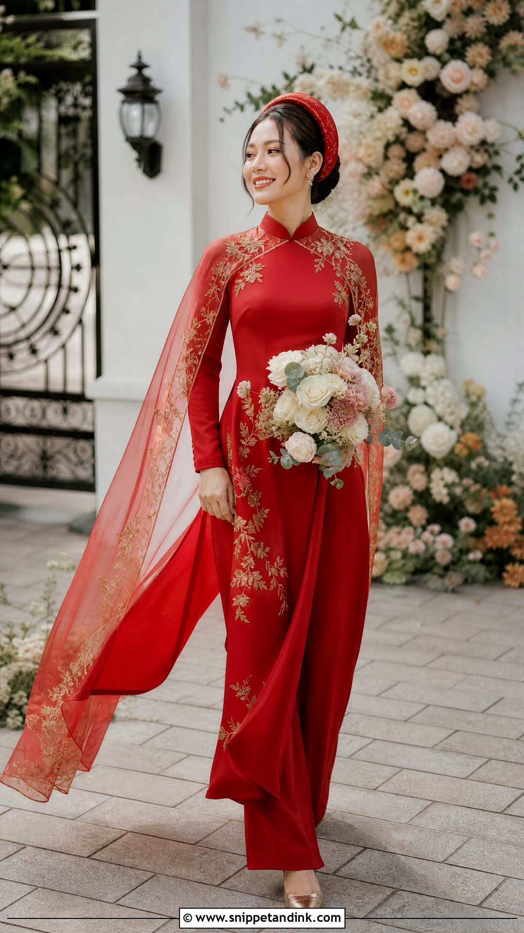 Red Ao Dai With Sheer Bridal Cape - Snippet and Ink - 20 Red Ao Dai Wedding Ideas