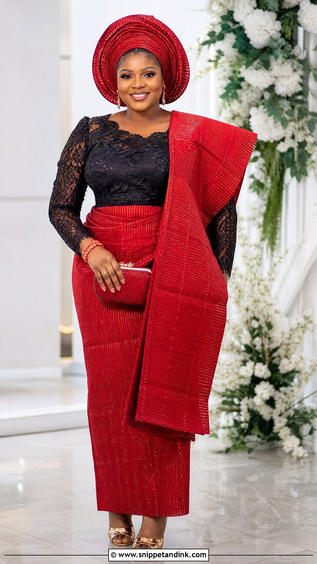 Red Aso Oke And Black Lace Outfit - Snippet and Ink - 20 Yoruba Introduction Outfit Ideas