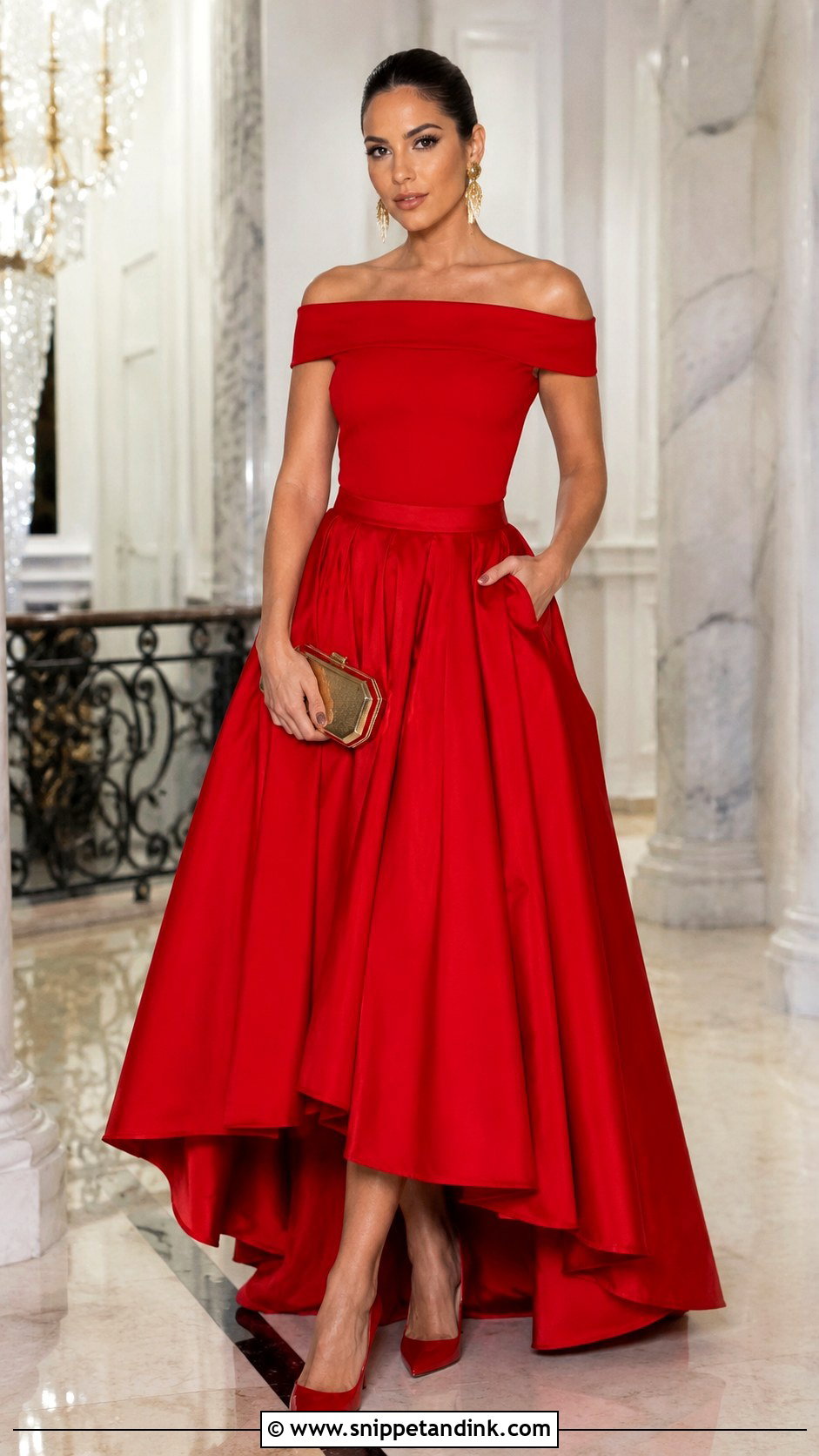 Red Ball Gown Skirt And Off Shoulder Top Outfit - Snippet and Ink - 20 Ball Gown Skirt Ideas