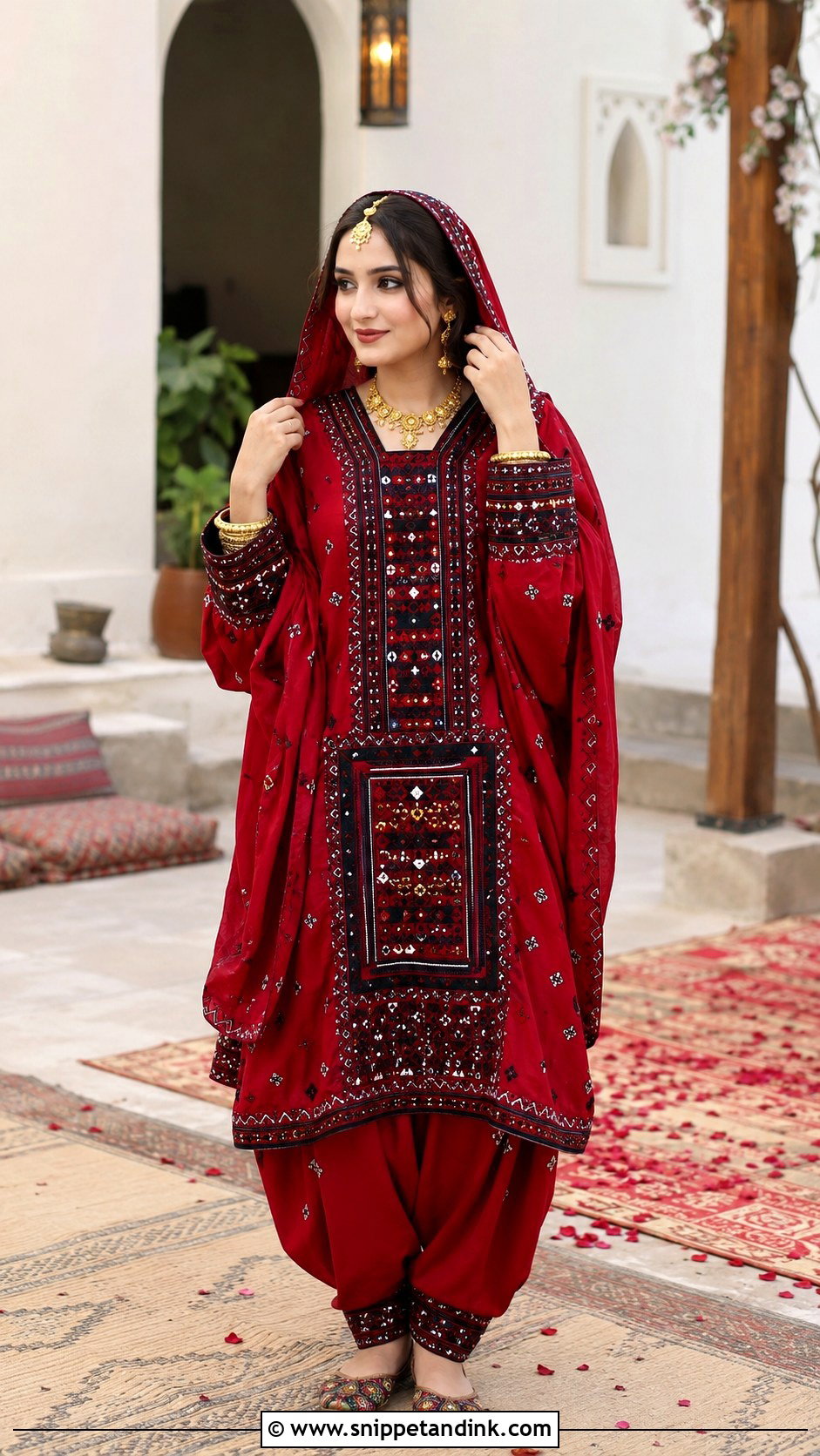 Red Balochi Pashk With Wide Trousers - Snippet and Ink - 20 Balochi Wedding Dresses