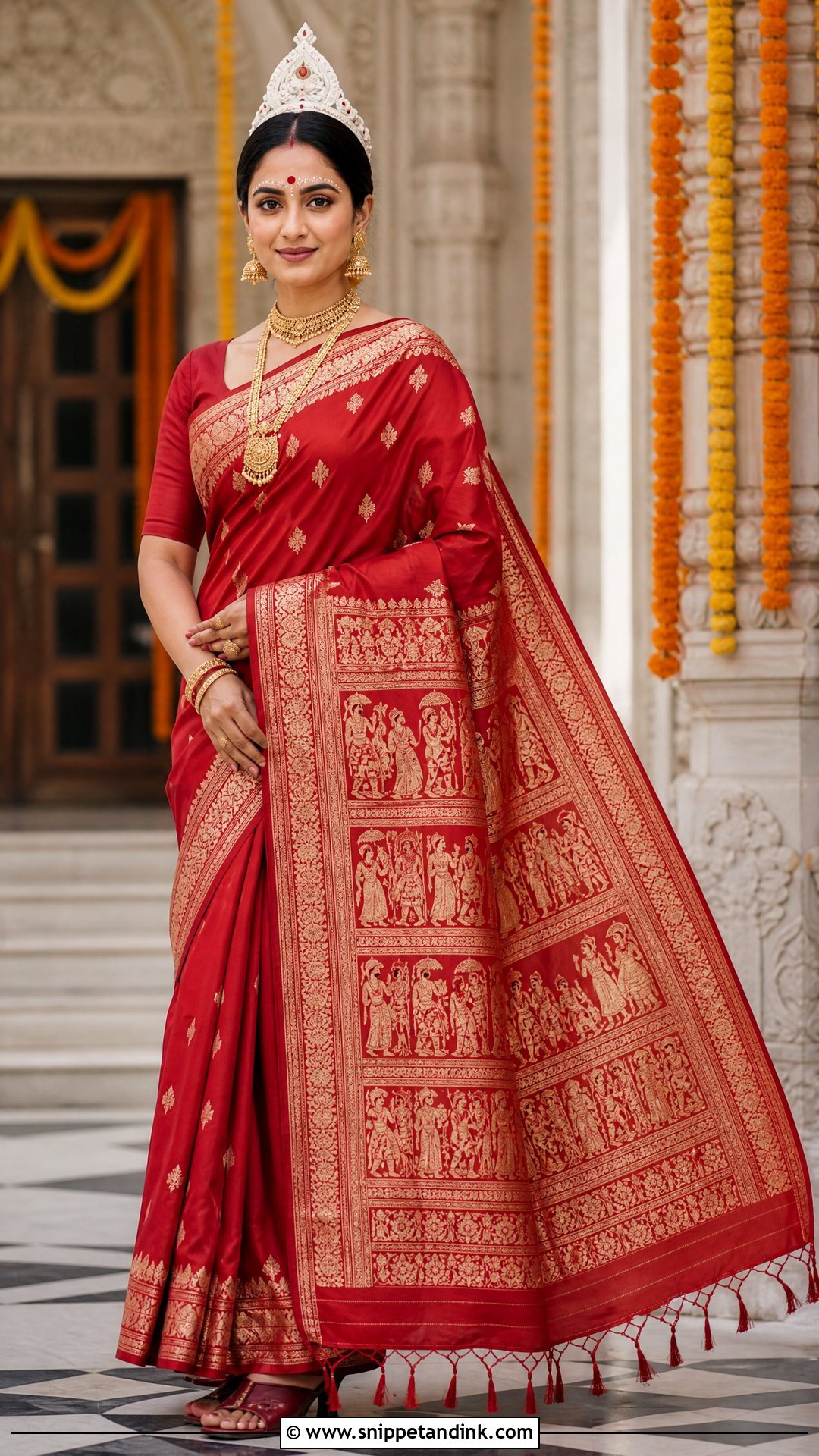 Red Baluchari Bengali Bride Look - Snippet and Ink - 20 Simple Bengali Bride Ideas