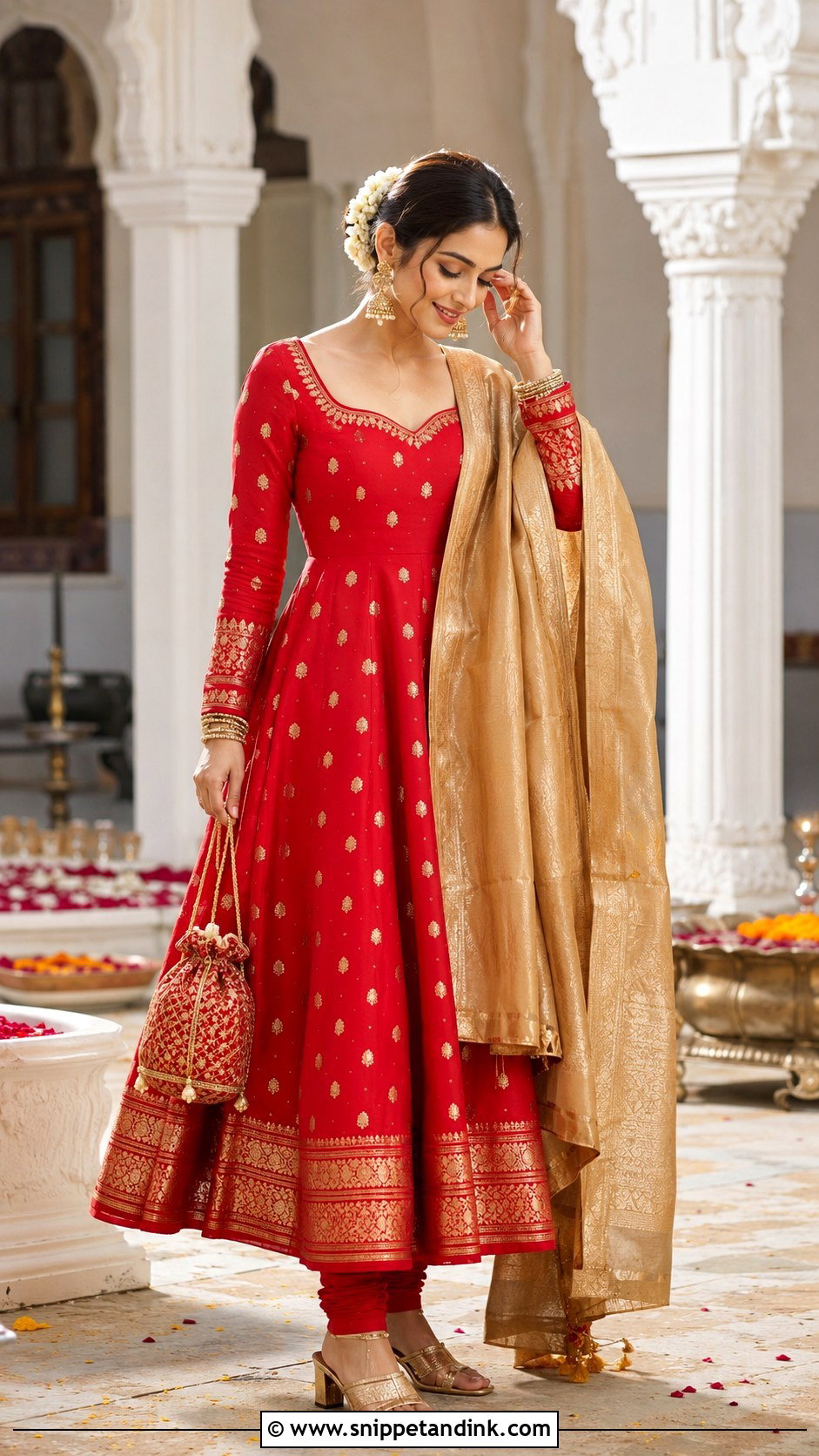 Red Banaras Anarkali Dress With Gold Dupatta - Snippet and Ink - 20 Banaras Anarkali Dresses