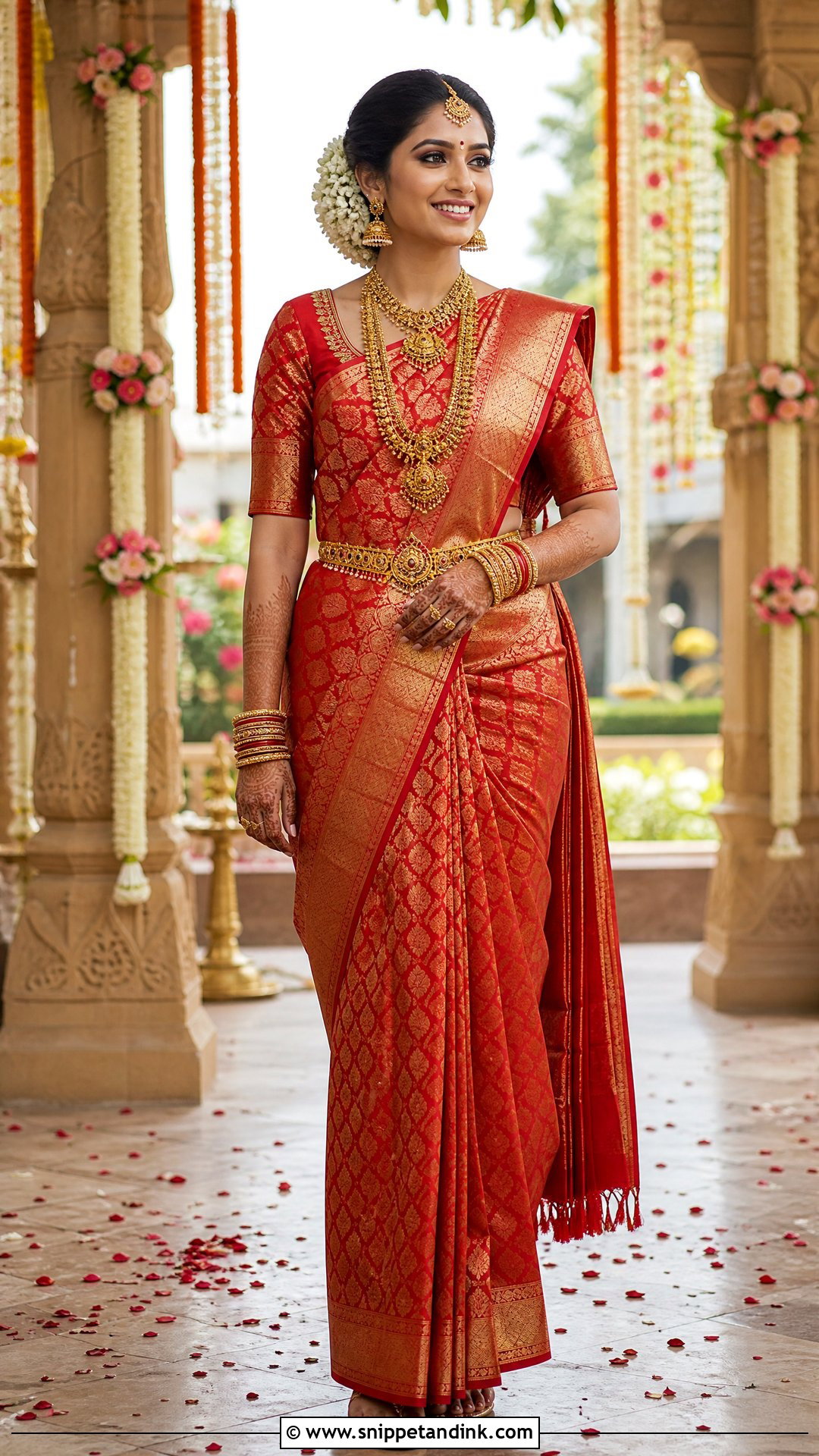 Red Banarasi Bridal Saree With Temple Jewelry - Snippet and Ink - 20 Red Bridal Outfit Ideas