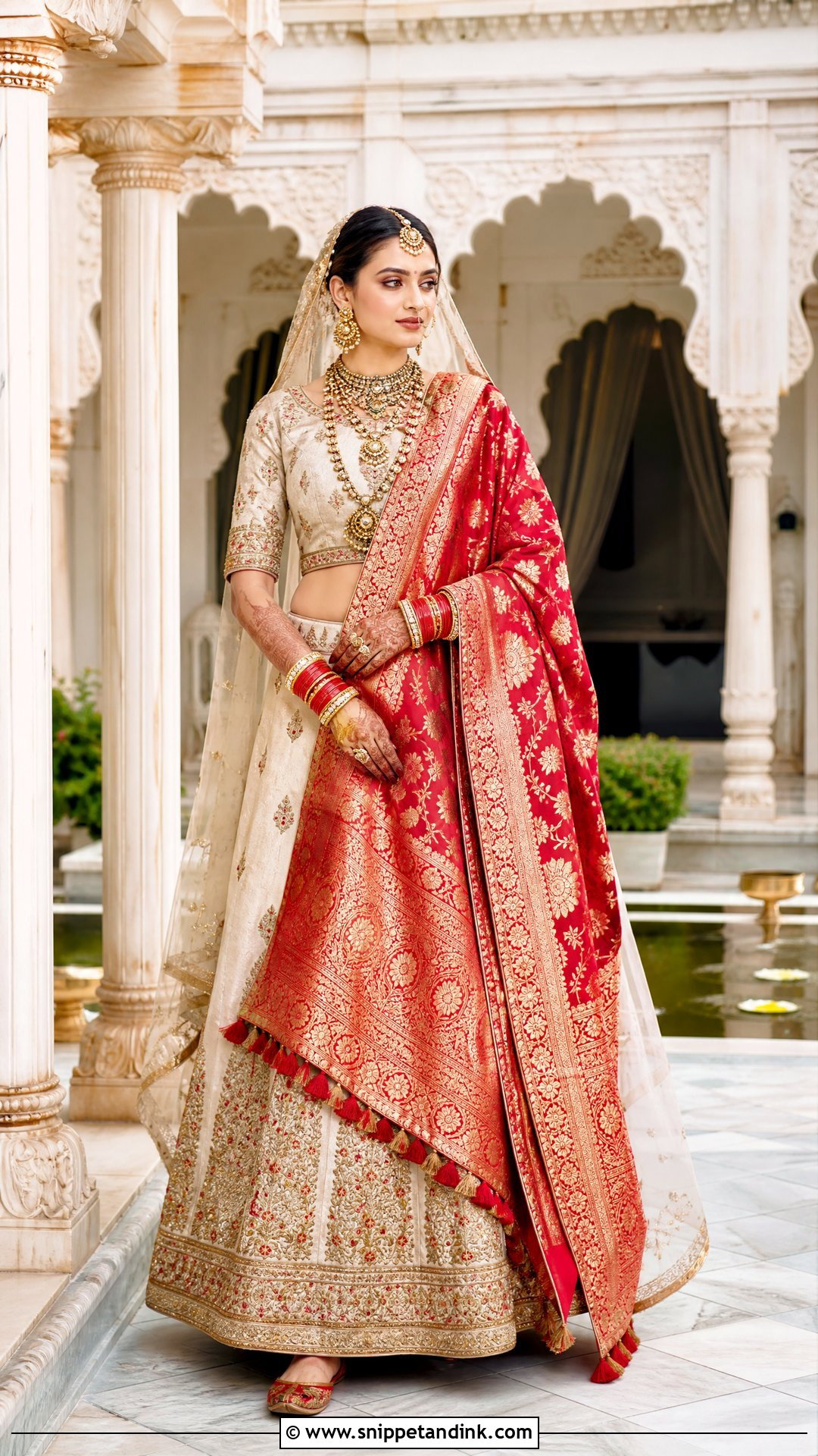 Red Banarasi Dupatta With Cream Lehenga - Snippet and Ink - 20 Red Dupatta for Bride Ideas