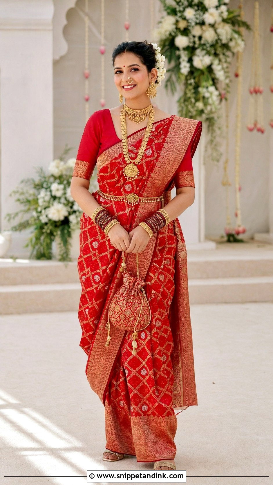 Red Banarasi Konkani Bride Look - Snippet and Ink - 20 Konkani Bride Ideas