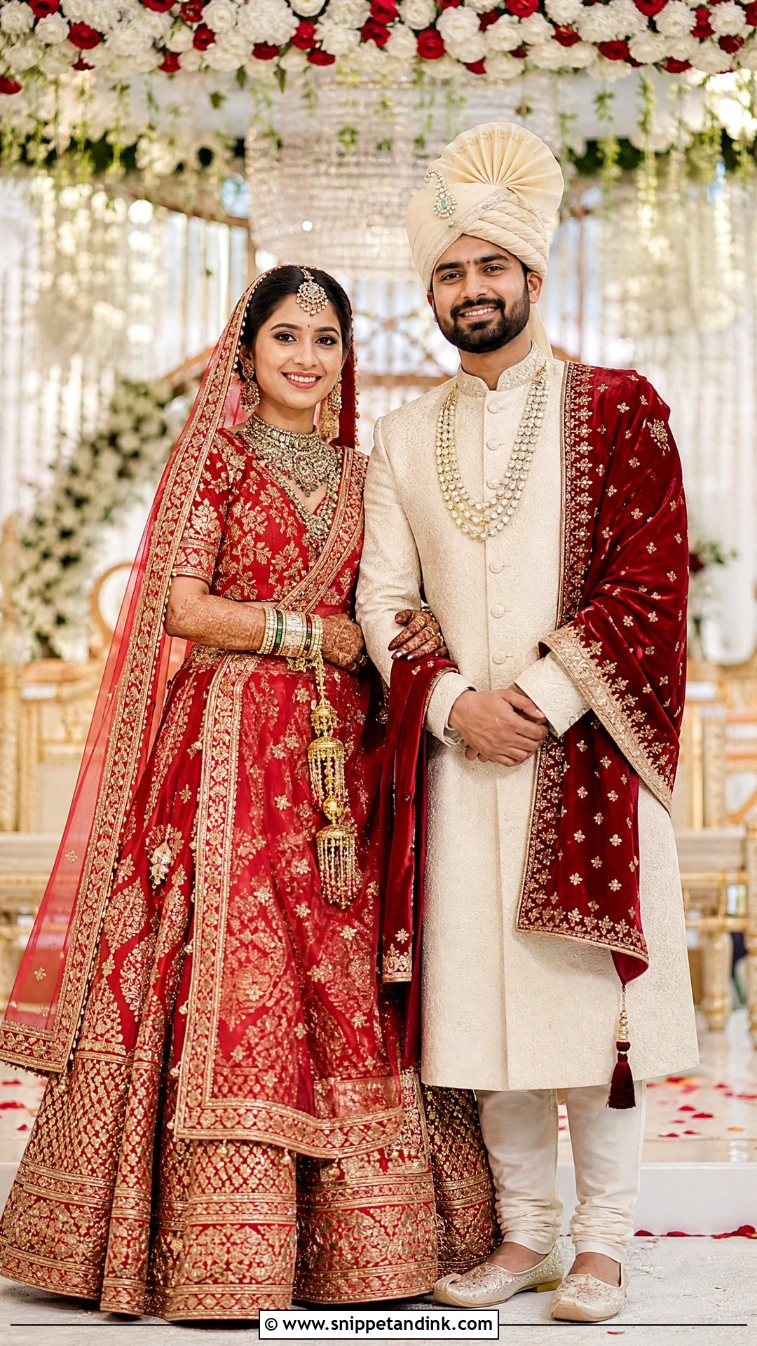 Red Banarasi Lehenga With Cream Sherwani - Snippet and Ink - 25 Indian Hindu Couple Wedding Dress Ideas