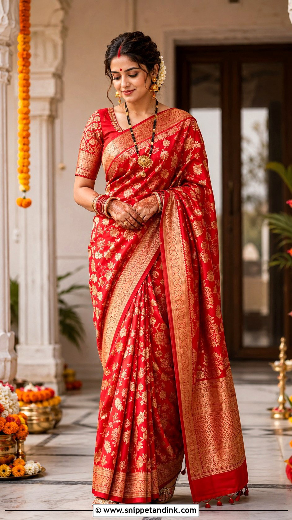 Red Banarasi Saree Look - Snippet and Ink - 25 Indian After Marriage Look Ideas