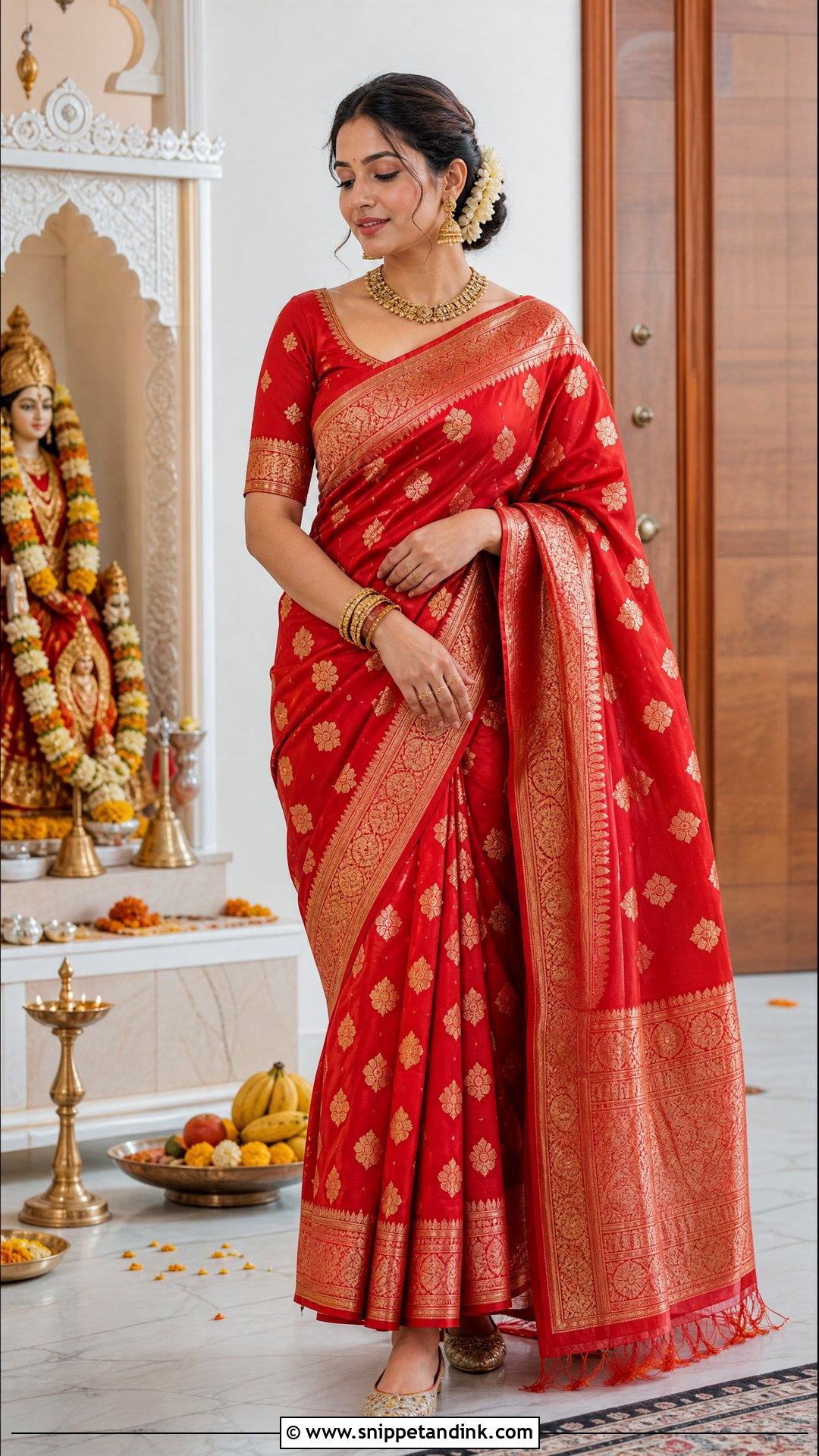 Red Banarasi Saree Mata Poojan Look - Snippet and Ink - 20 Mata Poojan Look for Bride Ideas