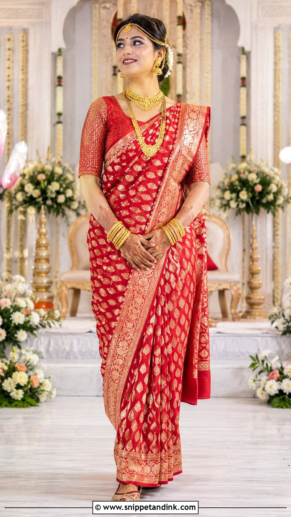 Red Banarasi Saree With Dejhoor - Snippet and Ink - 20 Kashmiri Wedding Dress Ideas