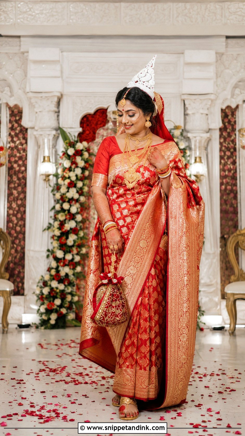 Red Banarasi Saree With Shakha Pola Bangles - Snippet and Ink - 20 Bridal Bengal Set Ideas