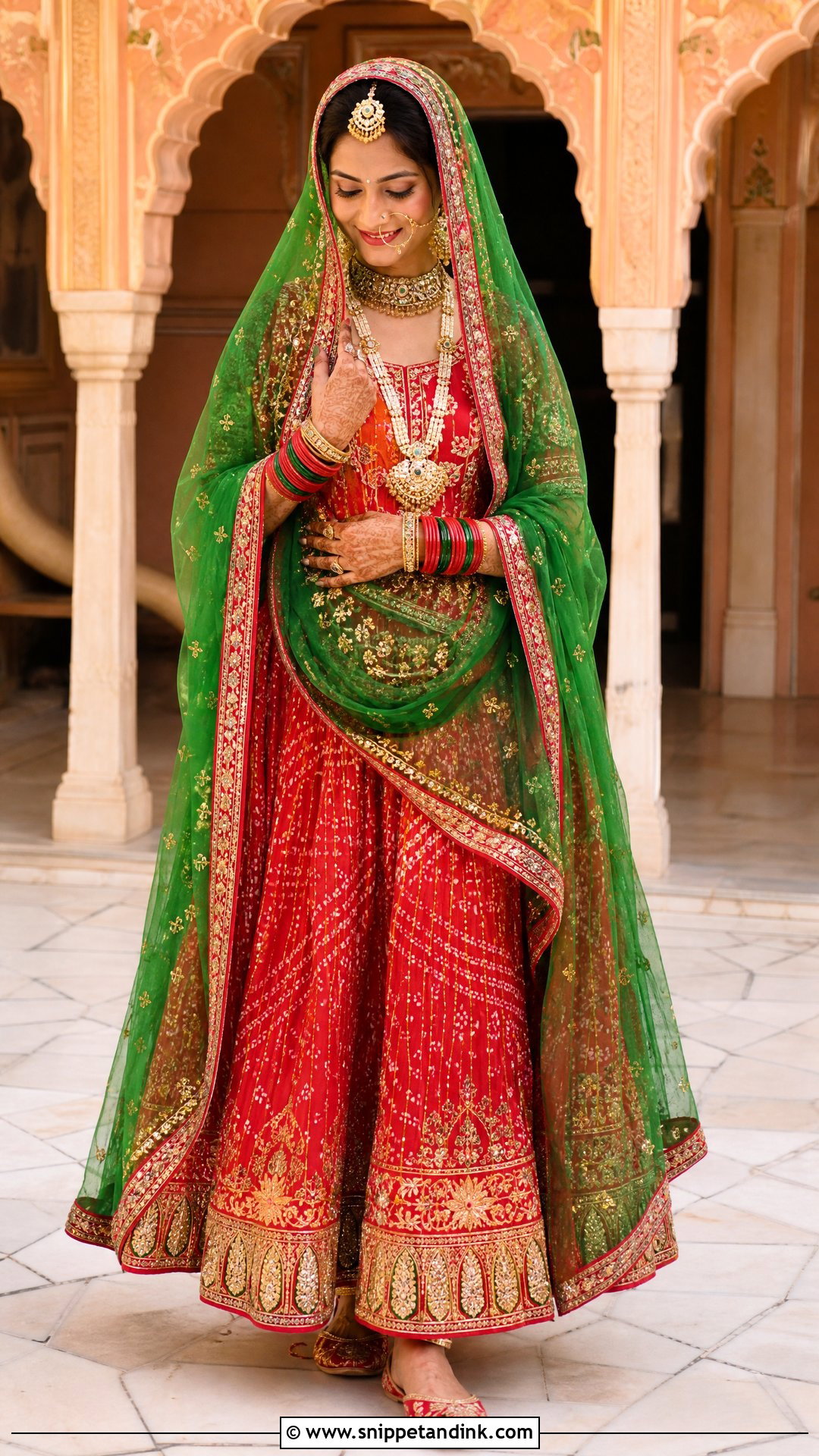 Red Bandhani And Green Odhni Rajputani Bridal Poshak - Snippet and Ink - 20 Rajputani Poshak for Bride Ideas