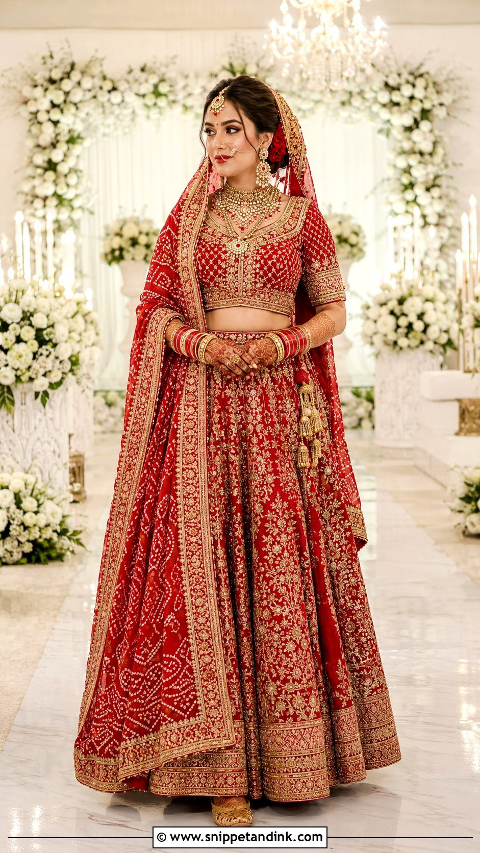 Red Bandhani Bridal Chunri Dupatta With Lehenga - Snippet and Ink - 20 Bridal Chunri Dupatta Ideas