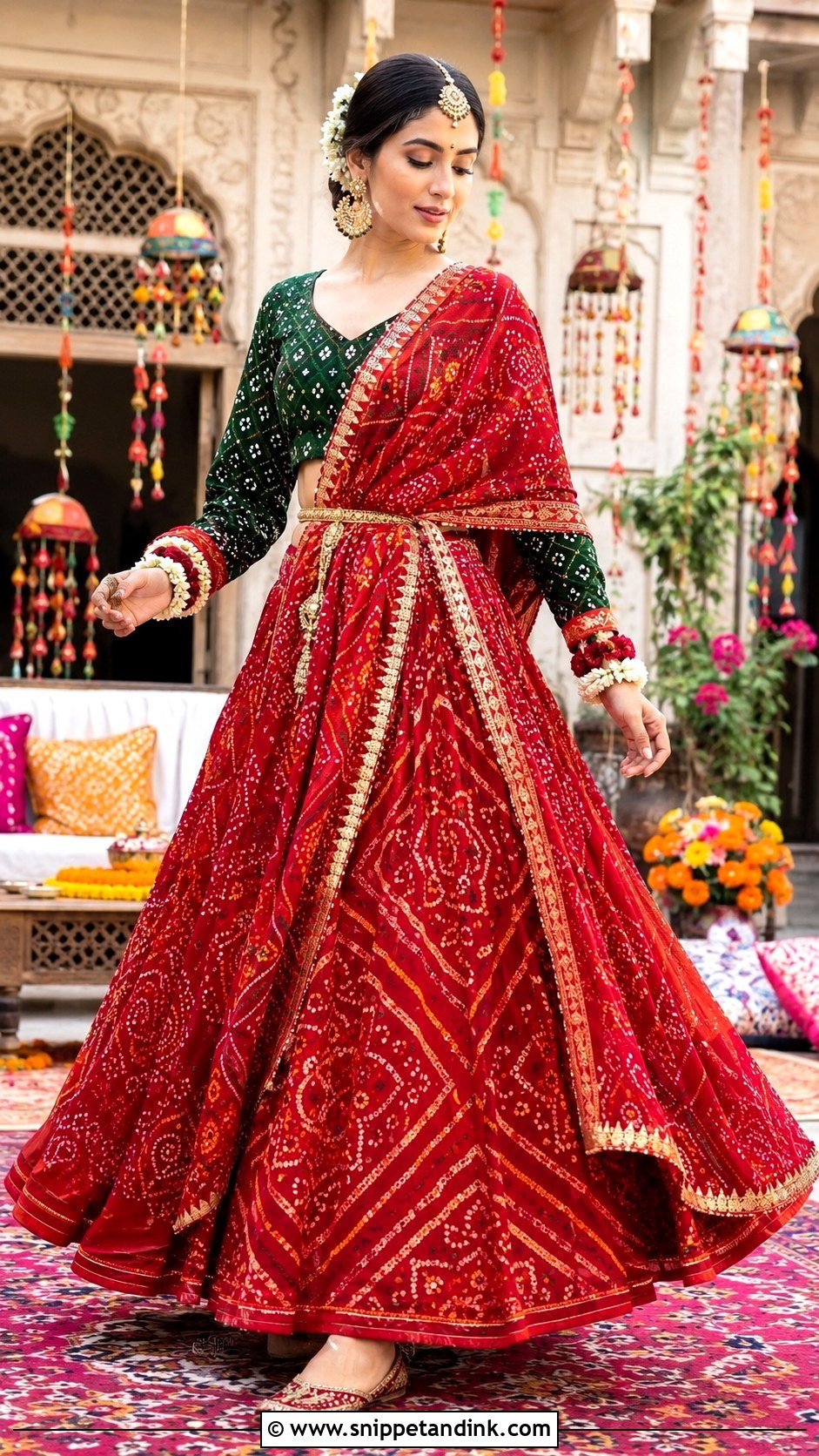 Red Bandhani Lehenga Mehndi Dress - Snippet and Ink - 20 Mehndi Dress for Bridal Ideas