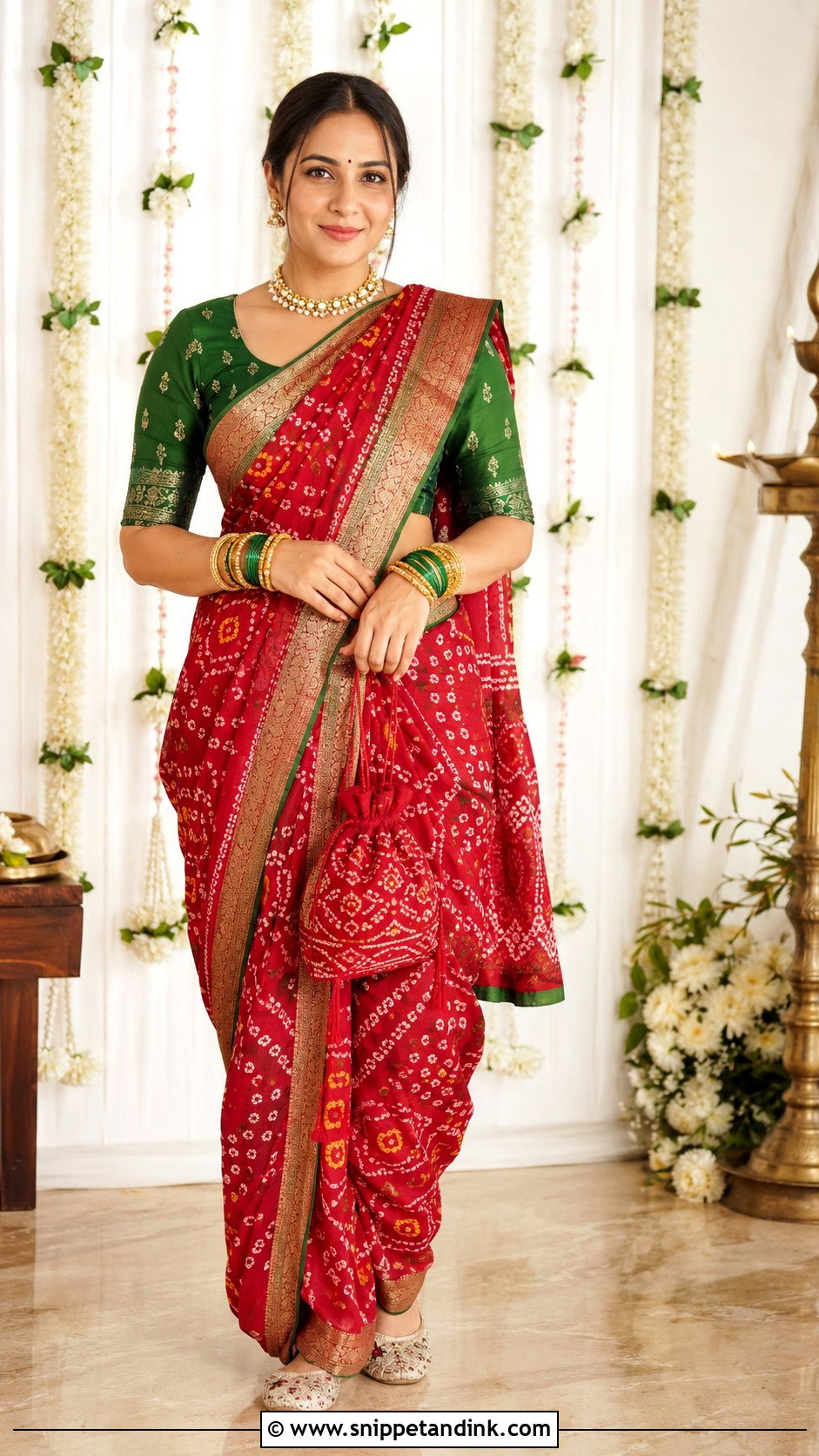 Red Bandhani Saree Grah Shanti Outfit - Snippet and Ink - 20 Grah Shanti Outfit Ideas