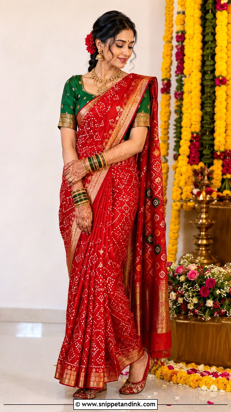 Red Bandhani Saree Grahshanti Outfit - Snippet and Ink - 20 Grahshanti Outfit for Bridal Ideas