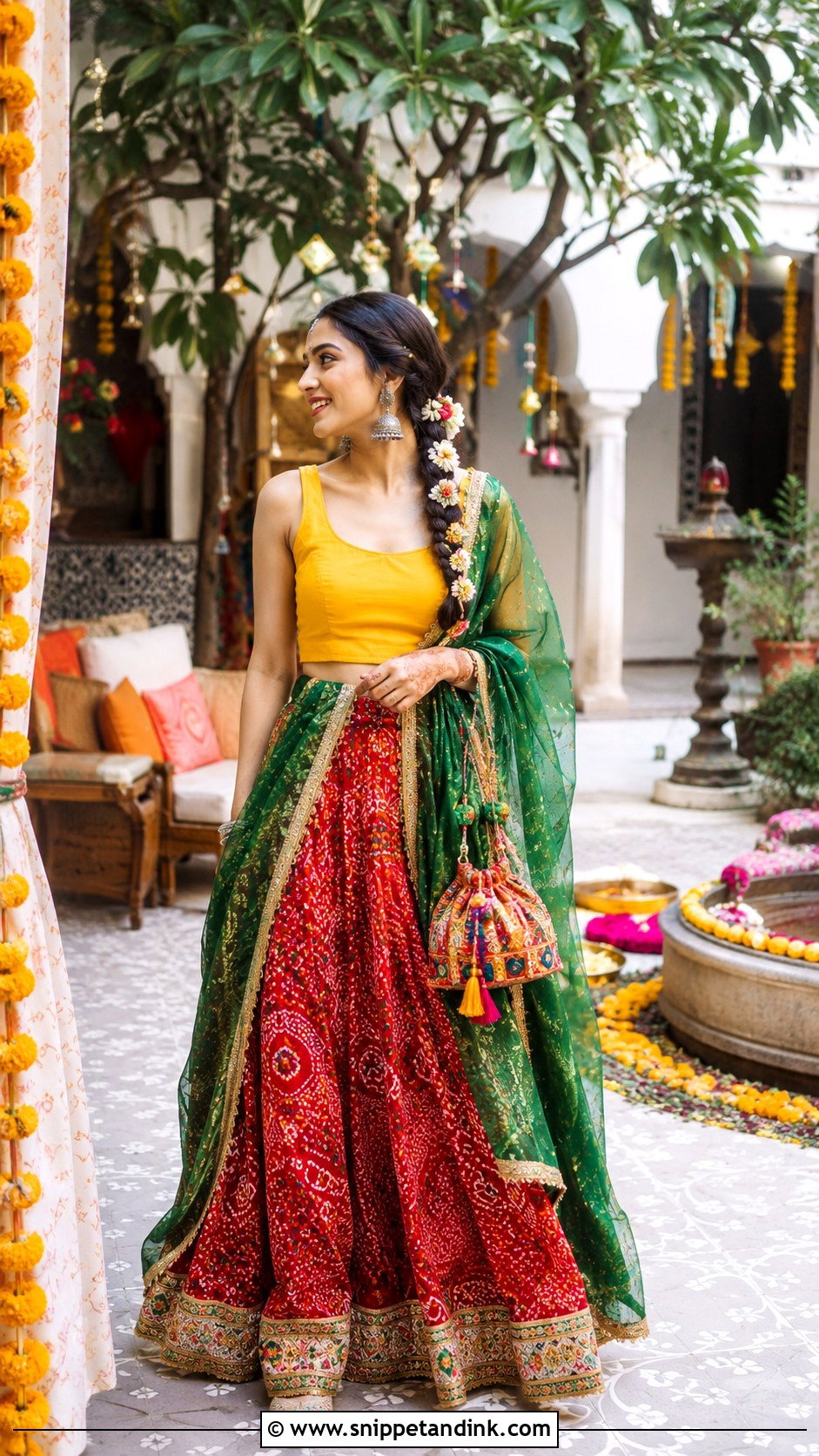 Red Bandhani Skirt Mehndi Outfit - Snippet and Ink - 20 Mehndi Day Outfits