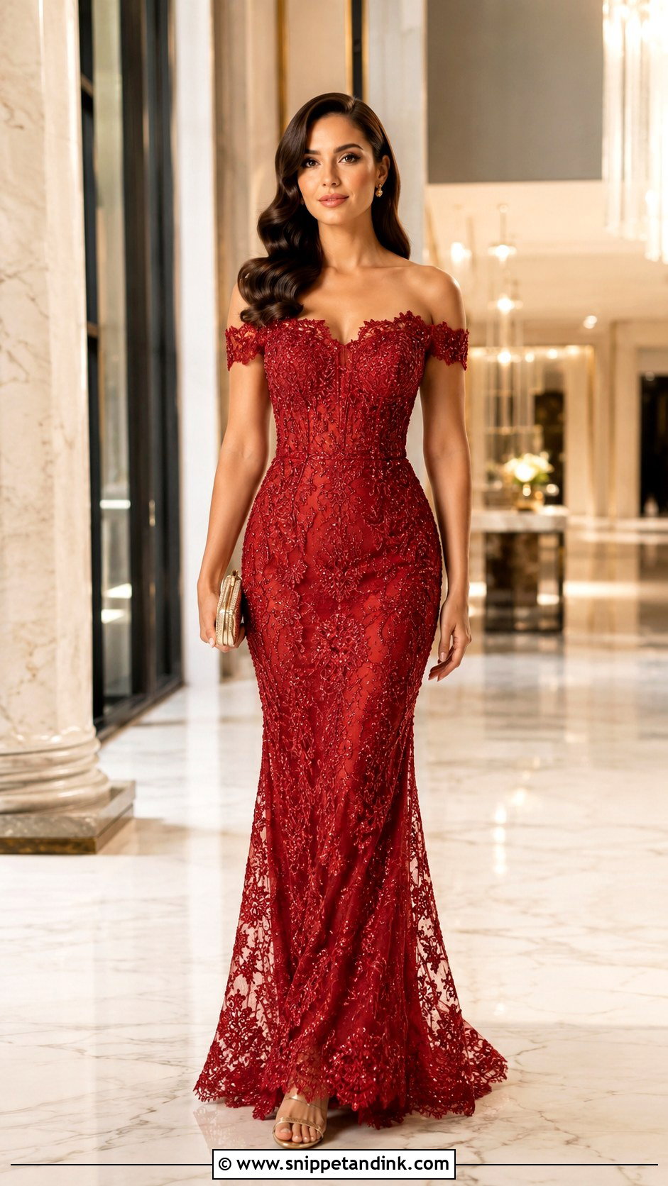 Red Beaded Lace Off Shoulder Gown - Snippet and Ink - 20 Beaded Lace Gown Ideas